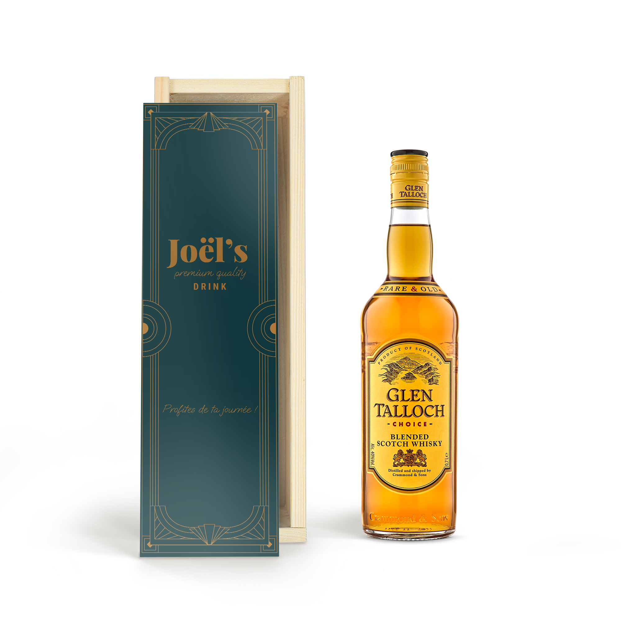 Bouteille de whisky Glen Talloch dans sa caisse personnalisée avec le prénom Joël et un texte imprimé