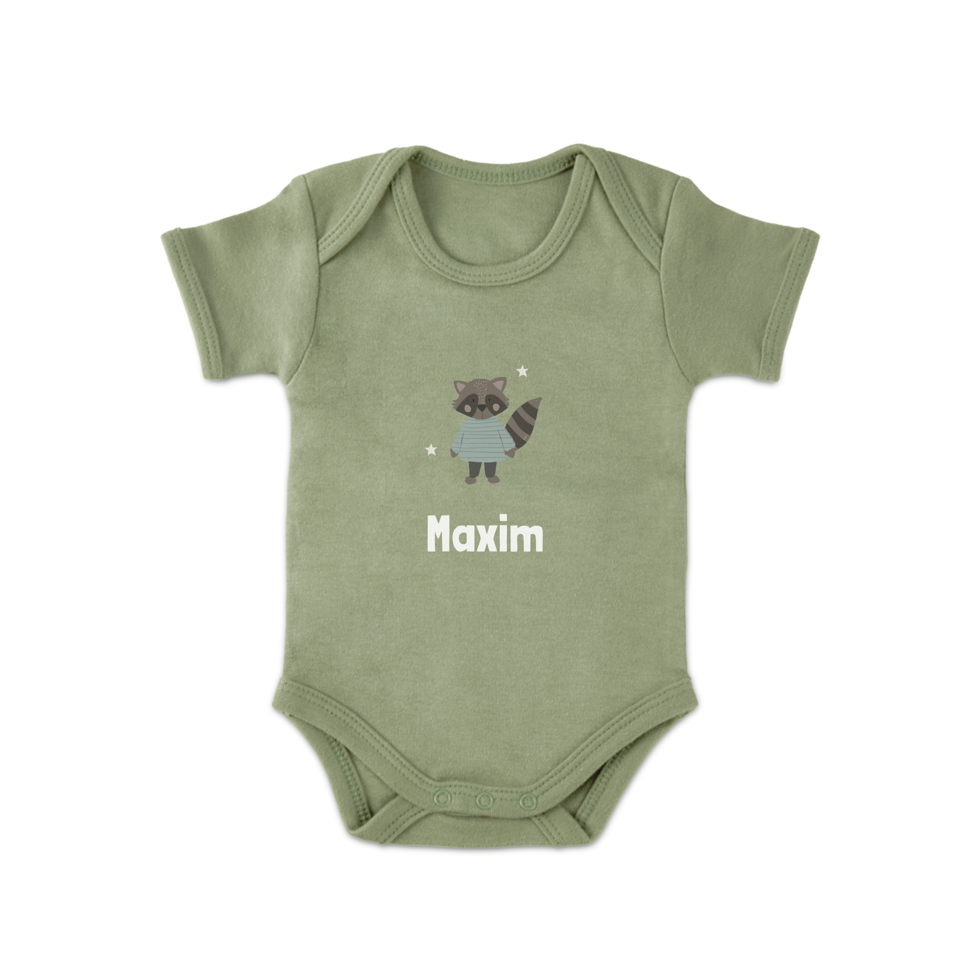 Grüner Babybody bedruckt mit einem niedlichen Waschbären und dem Namen Maxim. Lass einen originellen Babybody bedrucken.