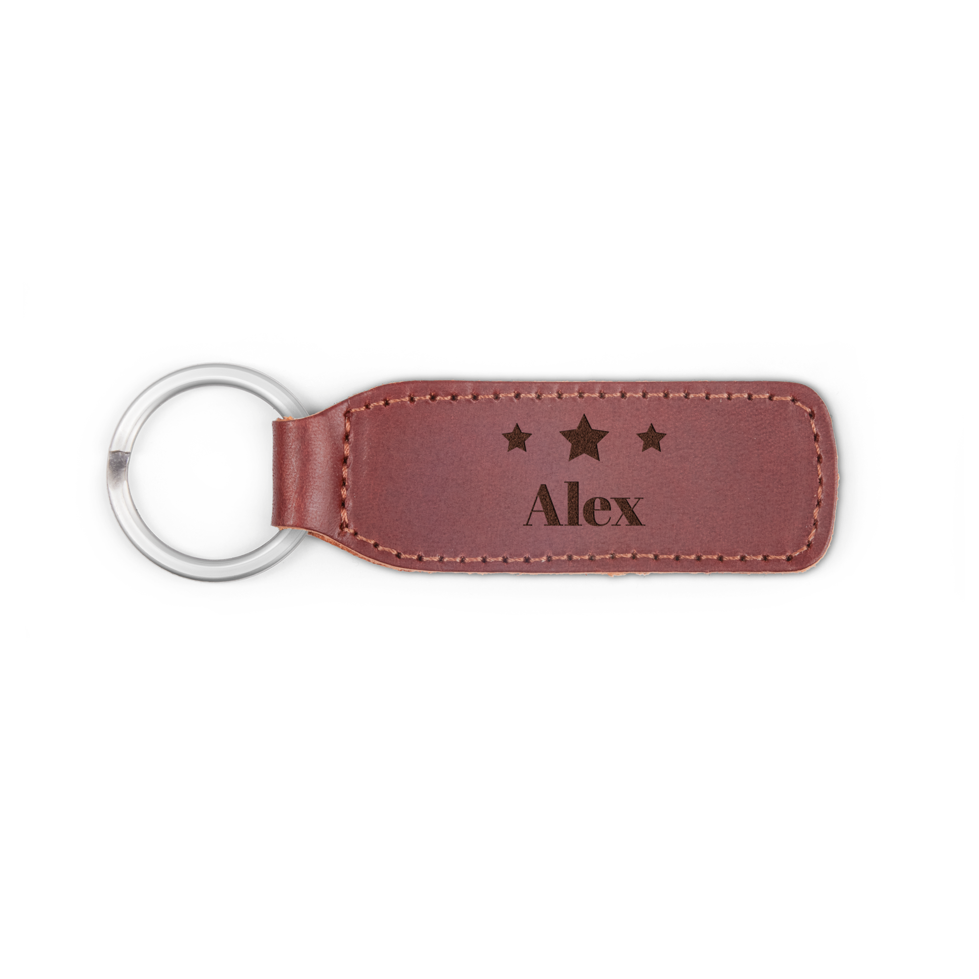 Breloc maro din piele, gravat cu numele Alex și trei steluțe, pentru setul de chei personalizat.