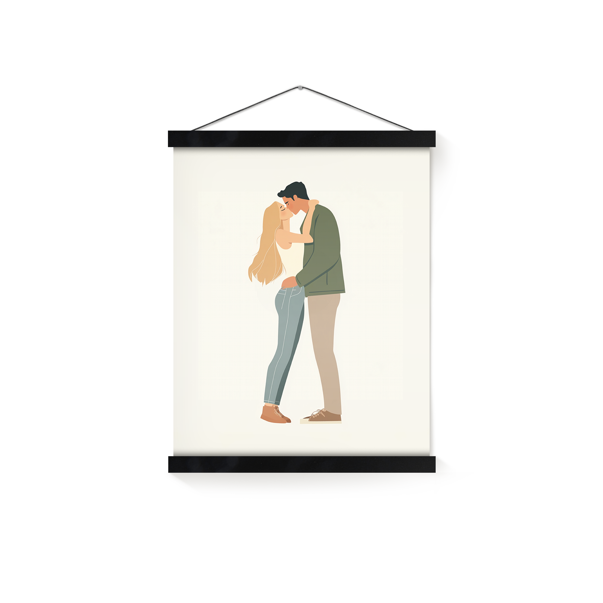 Póster personalizado com ilustração de um casal beijando, impresso com foto e moldura de madeira. Imortalize os seus momentos preferidos num lindo póster personalizado.