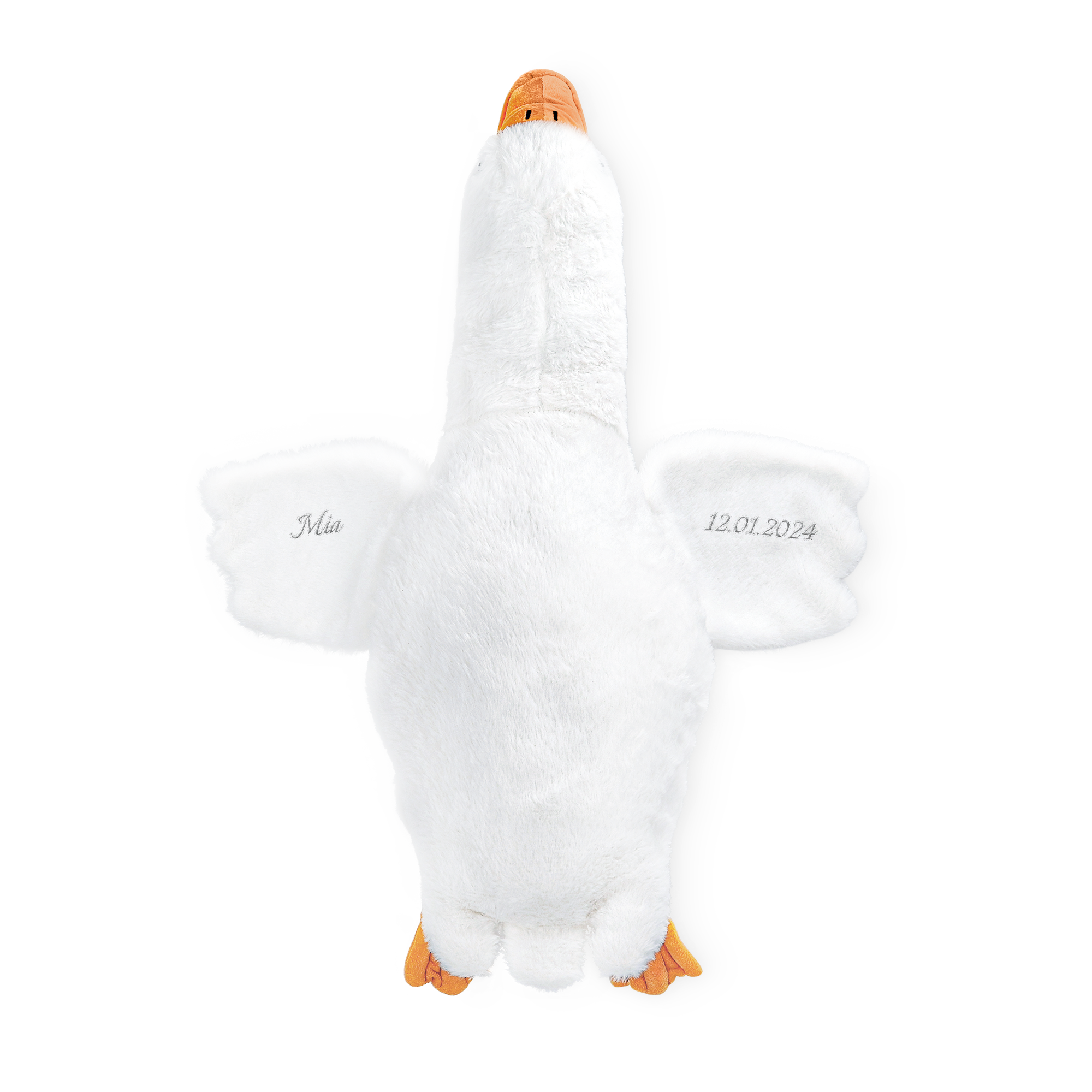 Deze lieve grote ganzenknuffel geborduurd met de naam Mia en datum 12.01.2024 op de vleugels voor jouw kleintje.