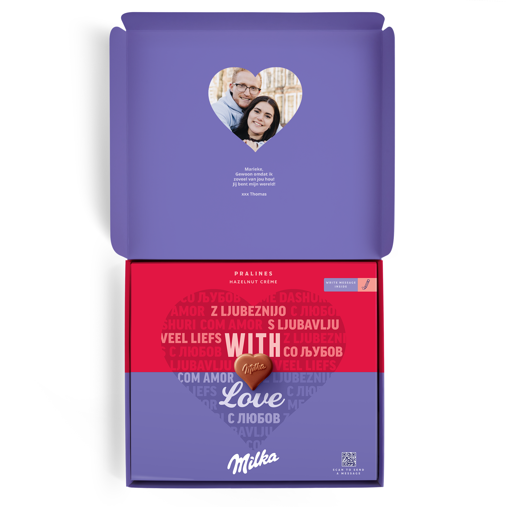 Gepersonaliseerde Milka chocolade giftbox met foto van een stel en tekst voor liefje