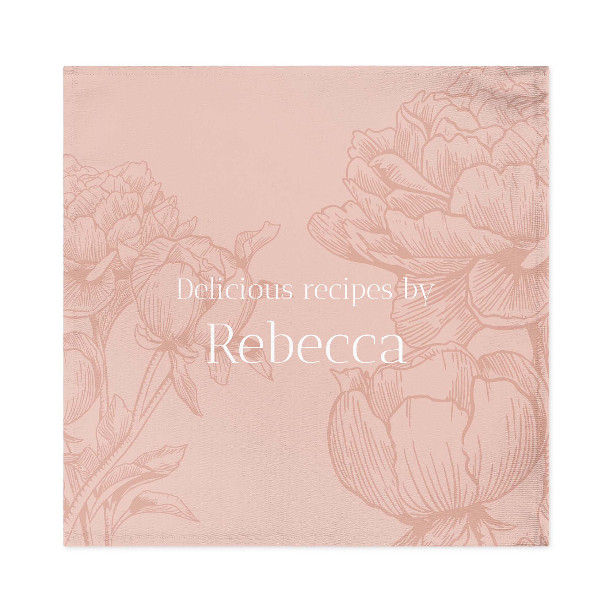 Személyre szabott nyomtatott szalvéta rózsaszín alapon virágmintával és Rebecca névvel a Delicious recipes by felirat alatt