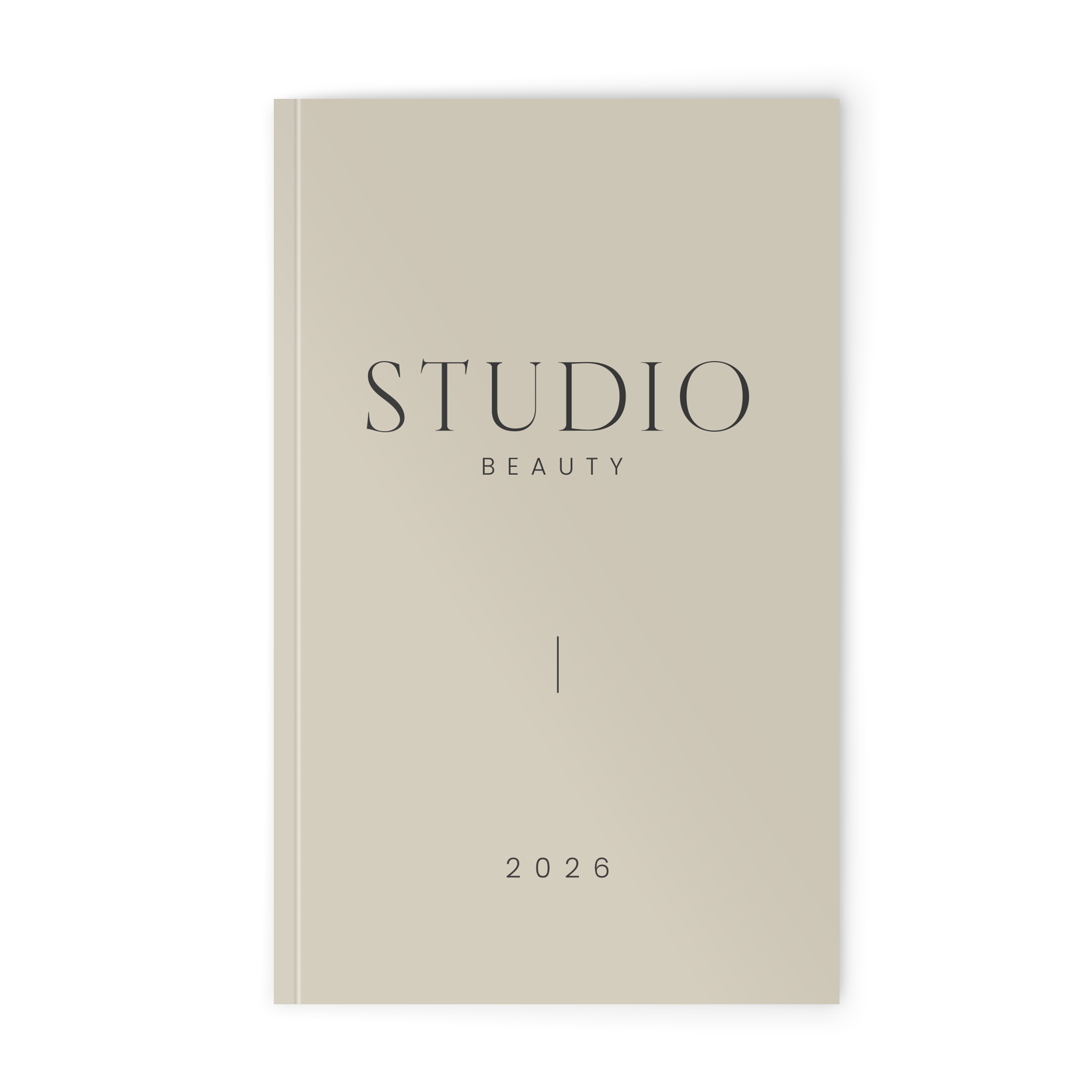 Selbst gestalteter Terminplaner mit dem Text "STUDIO BEAUTY" und der Jahreszahl 2026 auf dem Cover, bedruckt