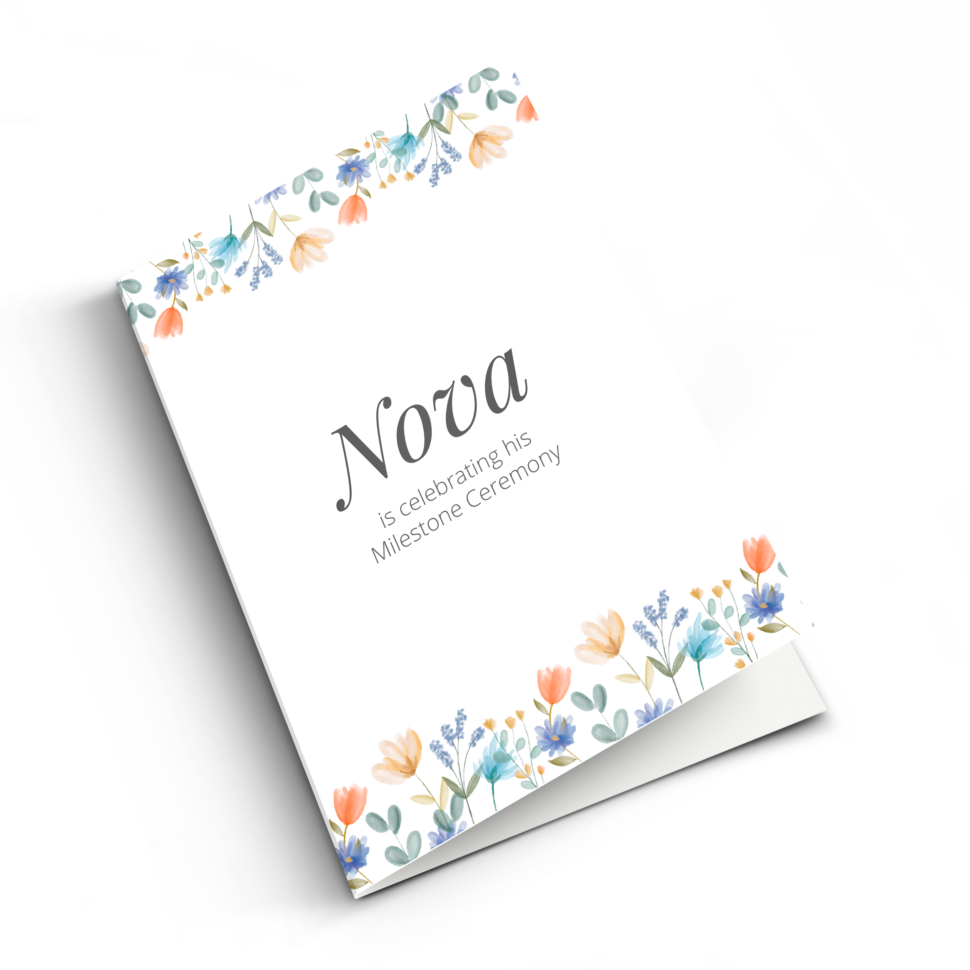 Personalized Communion card with colorful watercolor flowers printed around the edges and custom text "Nova is celebrating his Milestone Ceremony" to congratulate the communicant