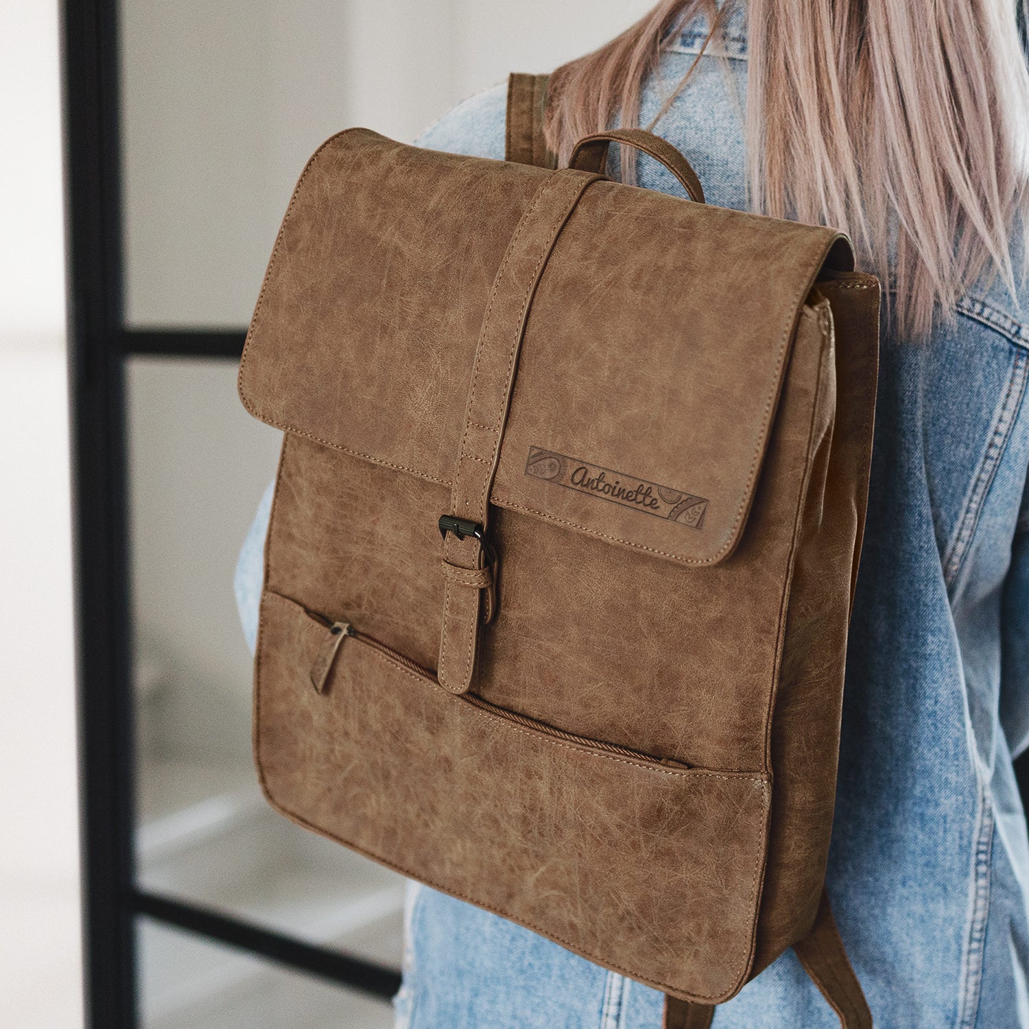 Eco leren rugtas met naam - Groot