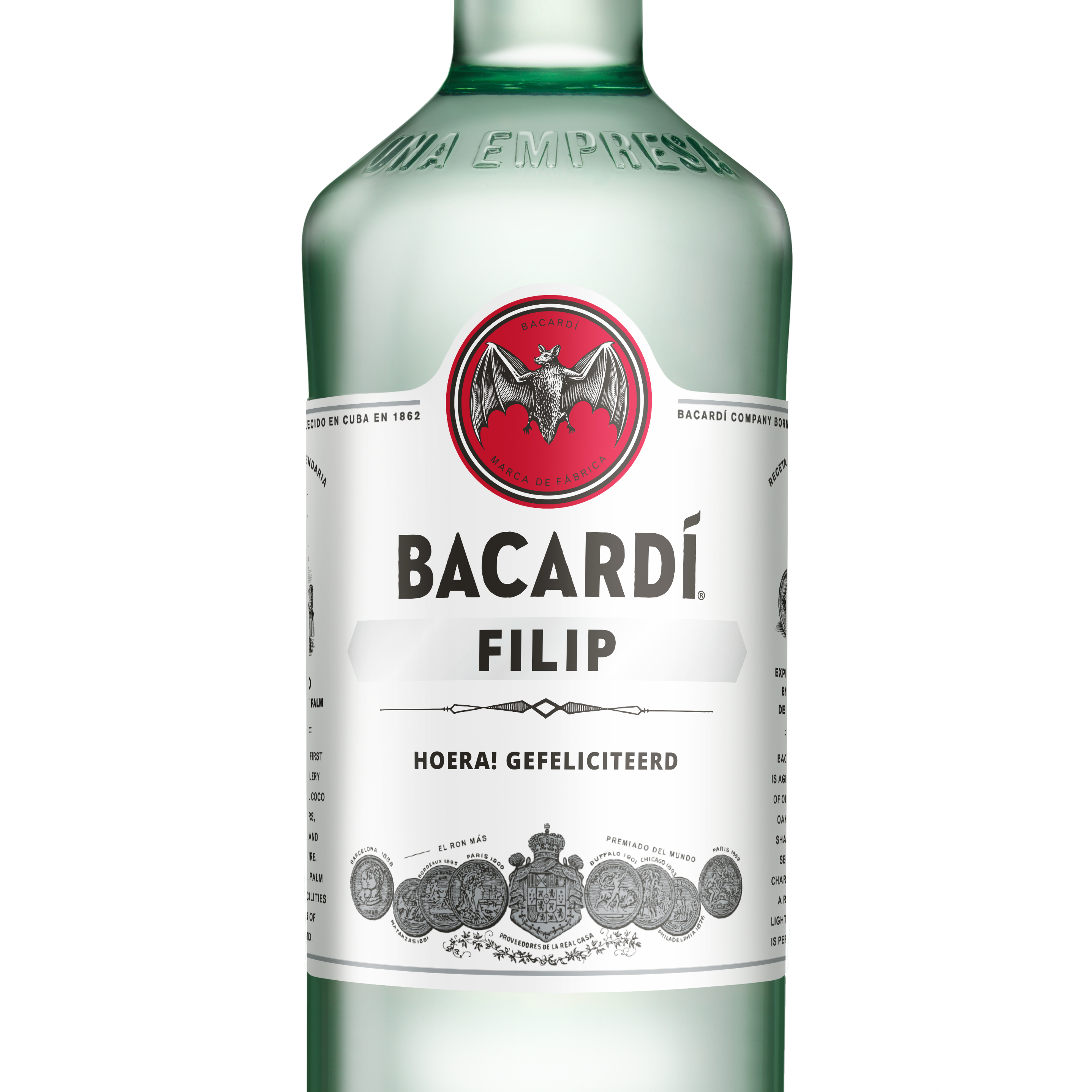 Bacardi Carta Blanca rum fles met gepersonaliseerd etiket, bedrukt met de naam Filip en tekst Hoera! Gefeliciteerd.
