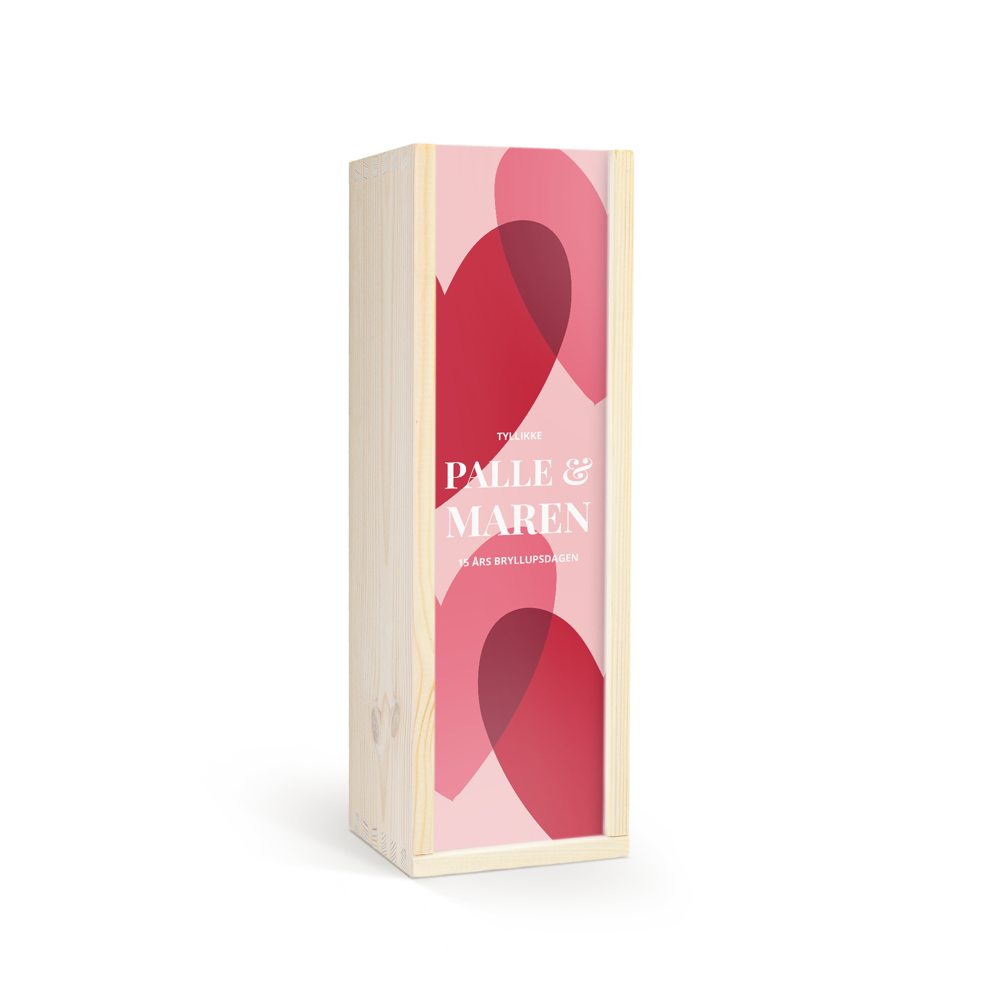 Luksustrykt vinboks med gløgg, personaliseret med tekst TYLLIKKE Palle & Maren og hjerter i rød og lyserød.