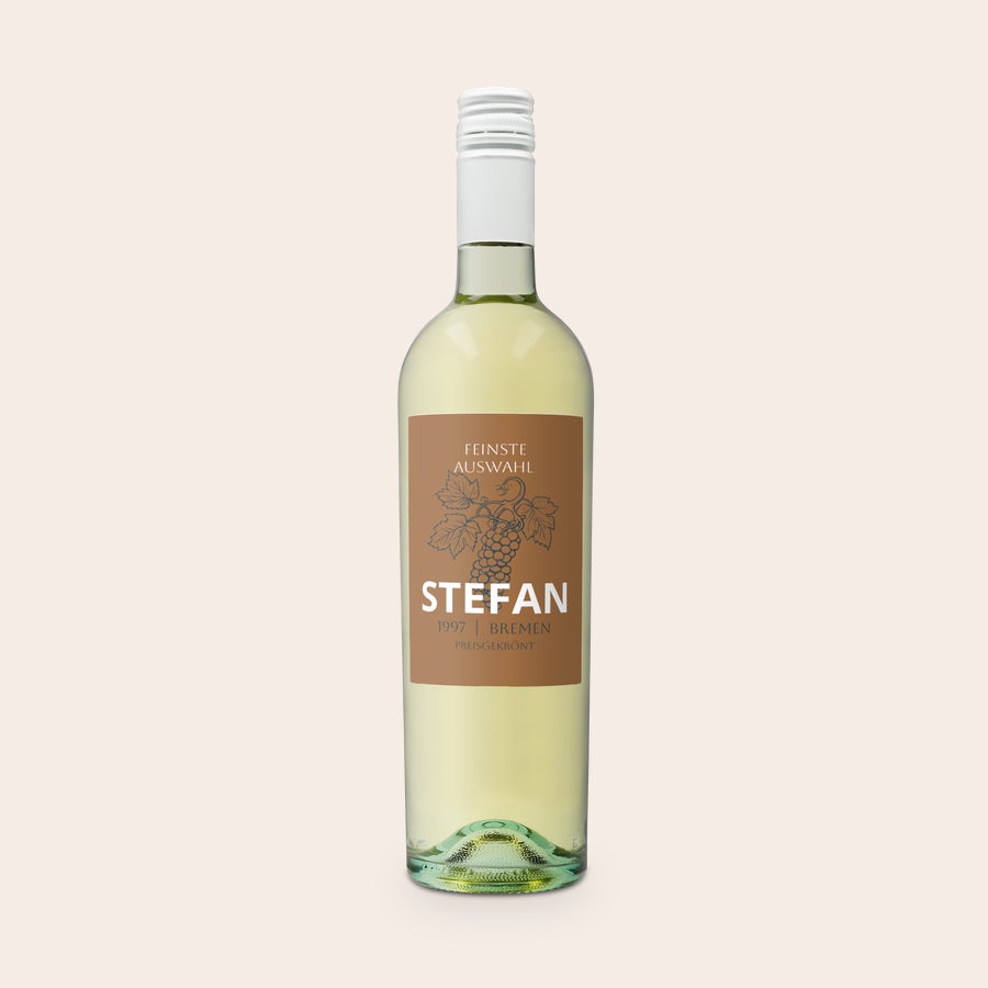Wein Riondo Pinot Grigio personalisieren Riondo Pino Grigio Weingeschenk mit personalisiertem Weinetikett bedruckt mit dem Namen Stefan und weiteren Details.