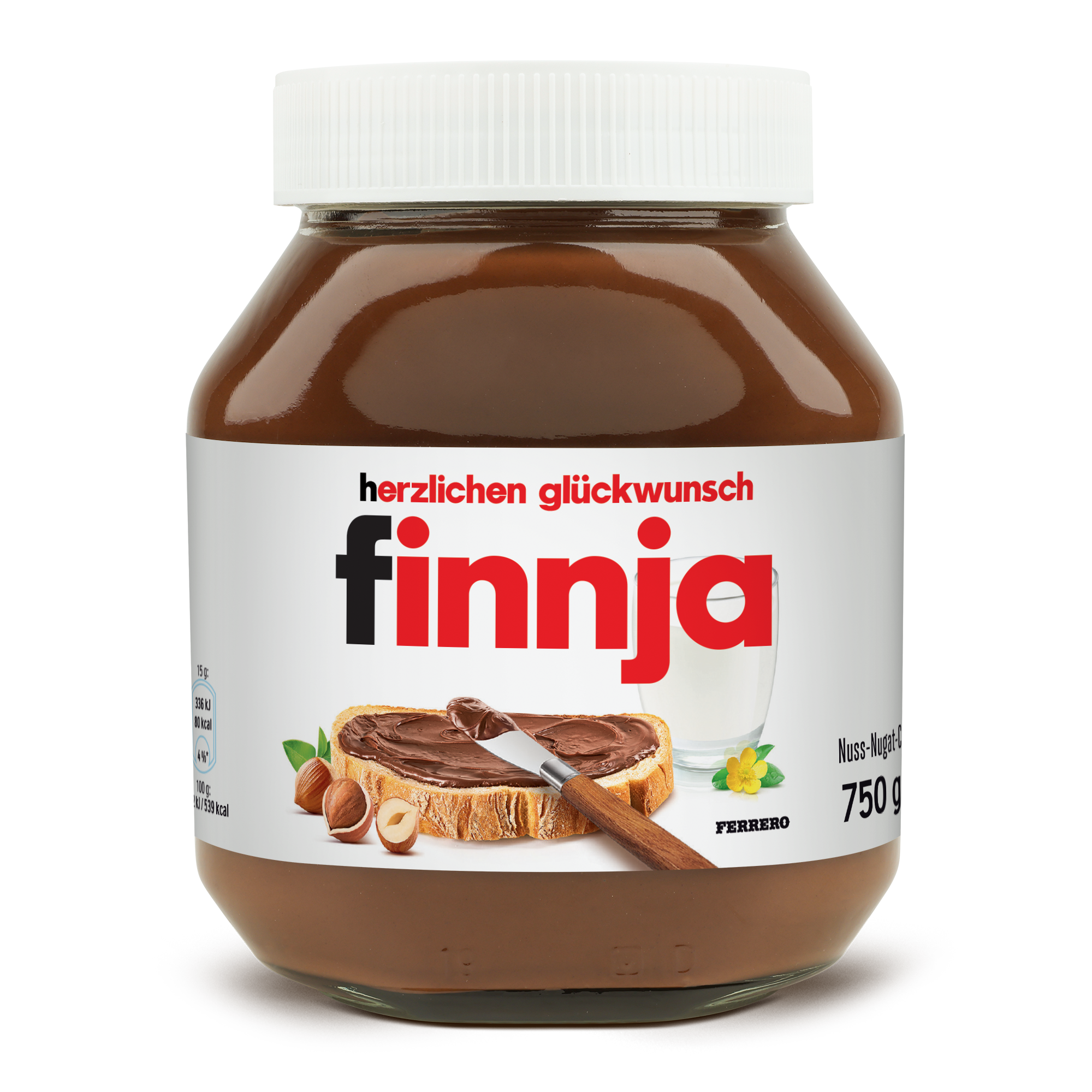 Original nutella® Glas 750 gramm personalisieren mit Namen Finnja und Wunschtext herzlichen Glückwunsch auf dem Etikett.