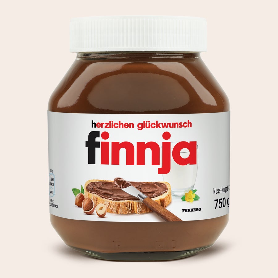 Personalisiertes nutella®-Glas Original nutella® Glas 750 gramm personalisieren mit Namen Finnja und Wunschtext herzlichen Glückwunsch auf dem Etikett.