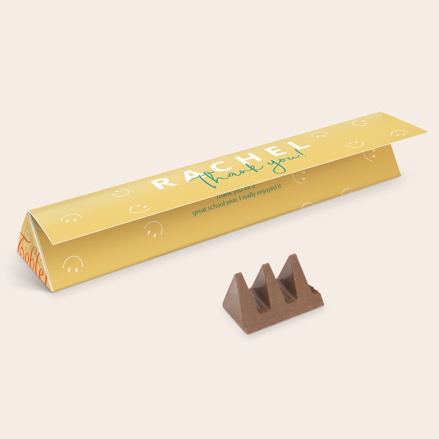 Toblerone personalizado Barra de chocolate personalizada Toblerone, con envoltura amarilla impresa con el nombre Rachel y el mensaje thank you