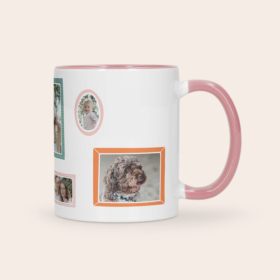 Custom Color Mug White and pink personalised coloured mug printed with three custom photos, perfect to give as a gift