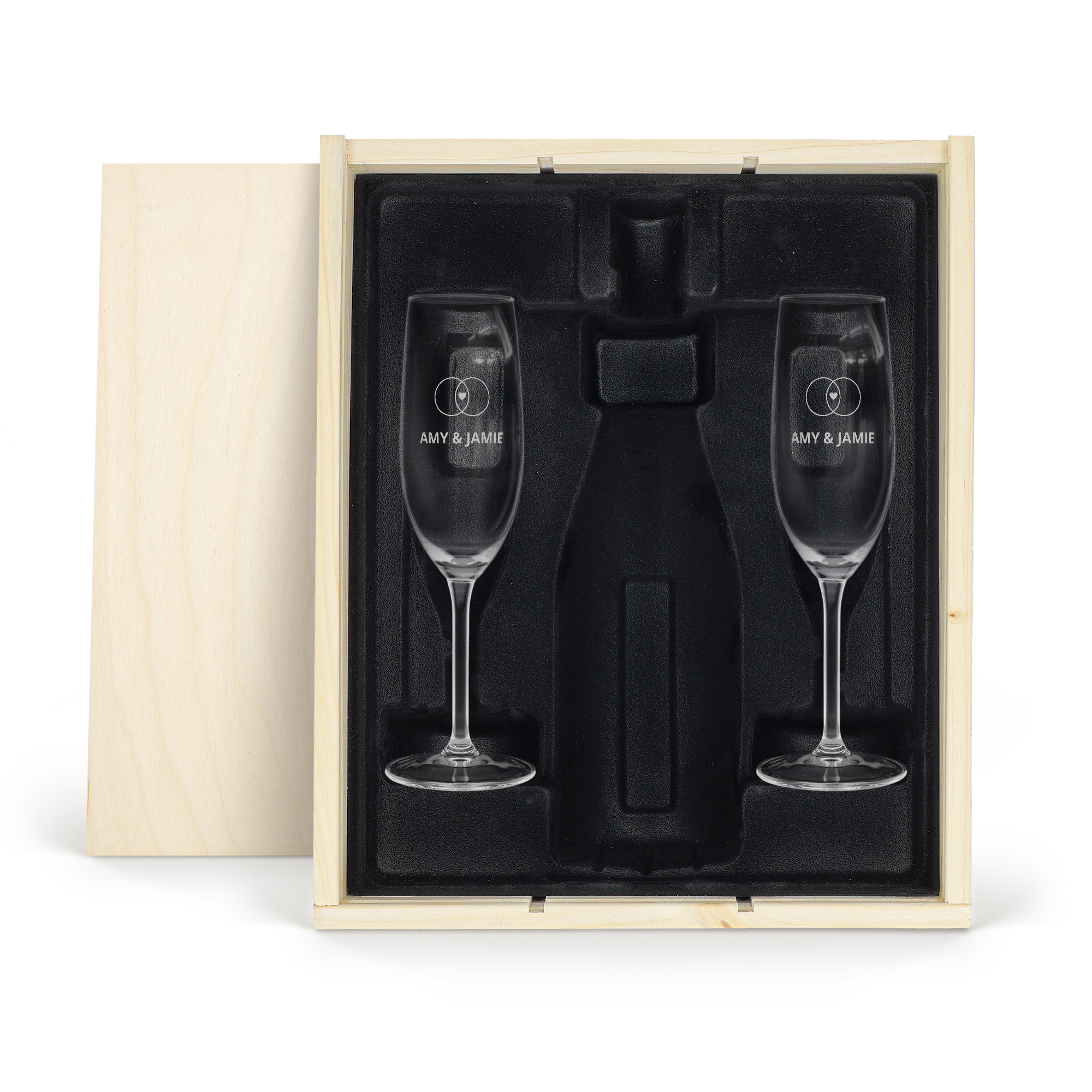 A luxurious wooden champagne case with two engraved champagne flutes featuring the names Amy & Jamie and interlocking rings
