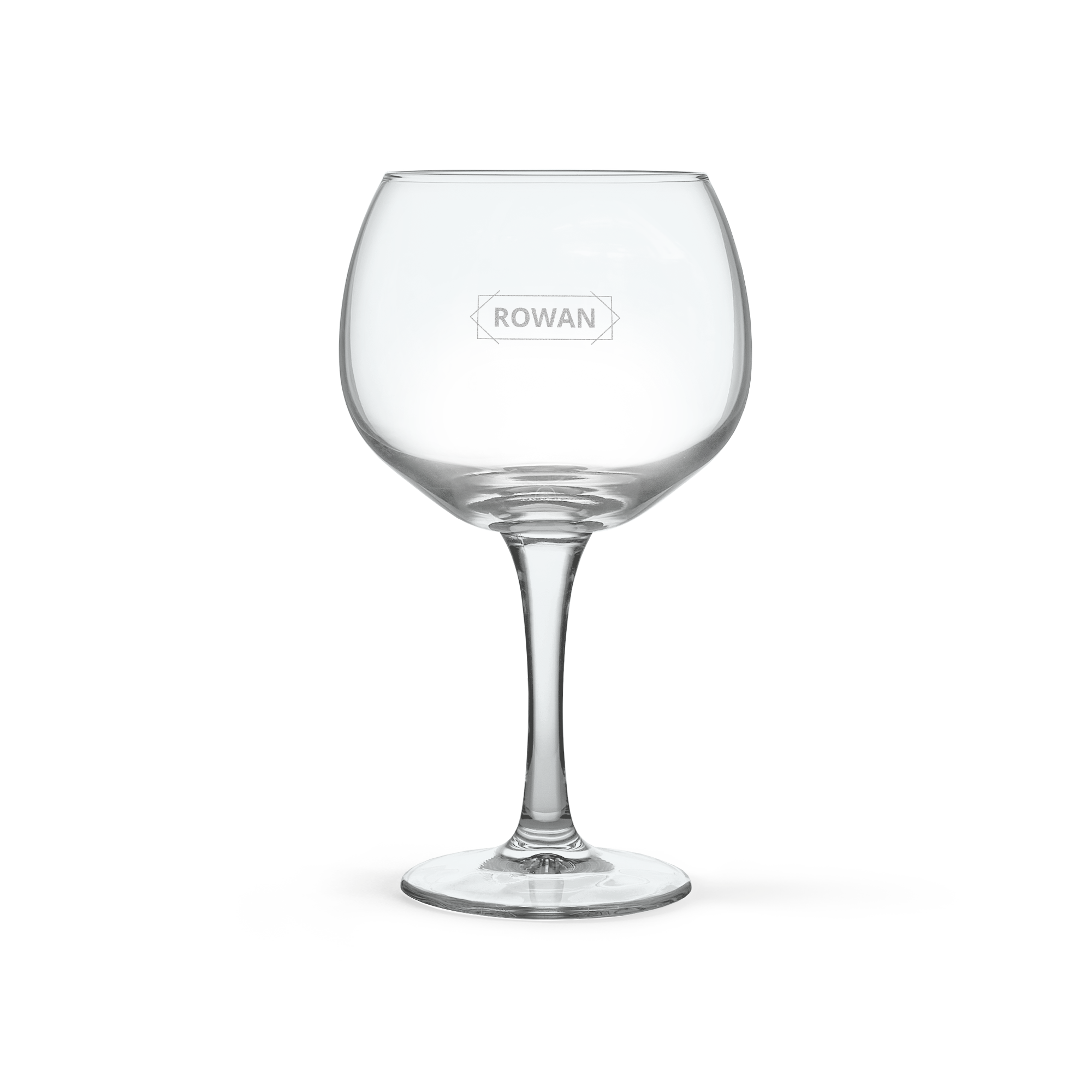 Groot gegraveerd gin-tonic glas met de naam ROWAN, als onderdeel van een luxe ginpakket met glas.