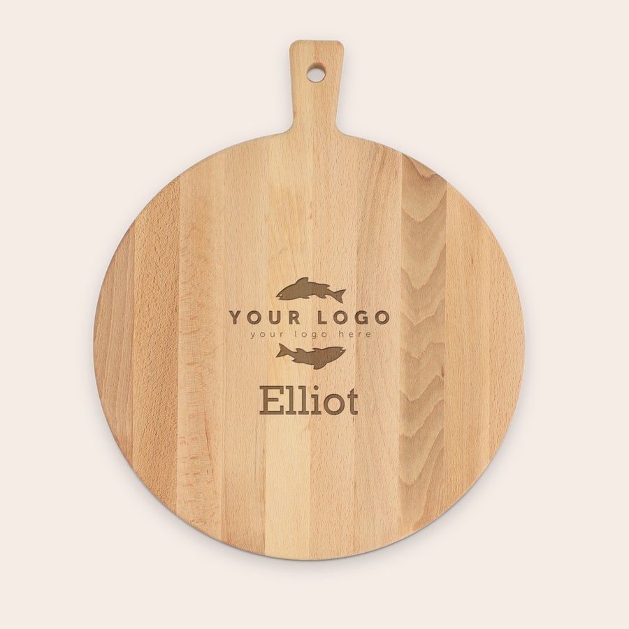 Tábua de pizza personalizada - Faia - Redonda - gravada com uma mensagem à tua escolha Tábua de pizza personalizada de madeira, gravada com logo e nome "Elliot"