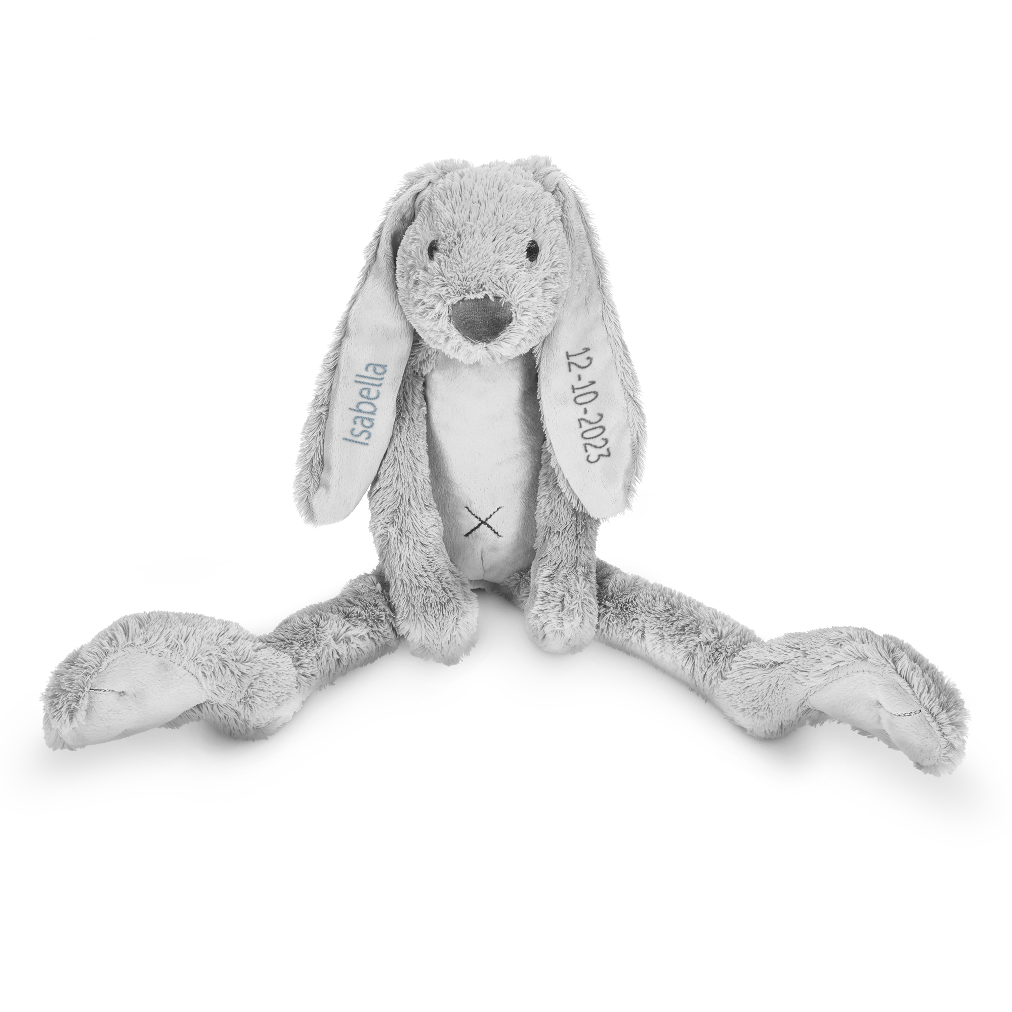 Grå Rabbit Richie gosedjur med personligt namn Isabella och datum 12-10-2023 broderat på öronen