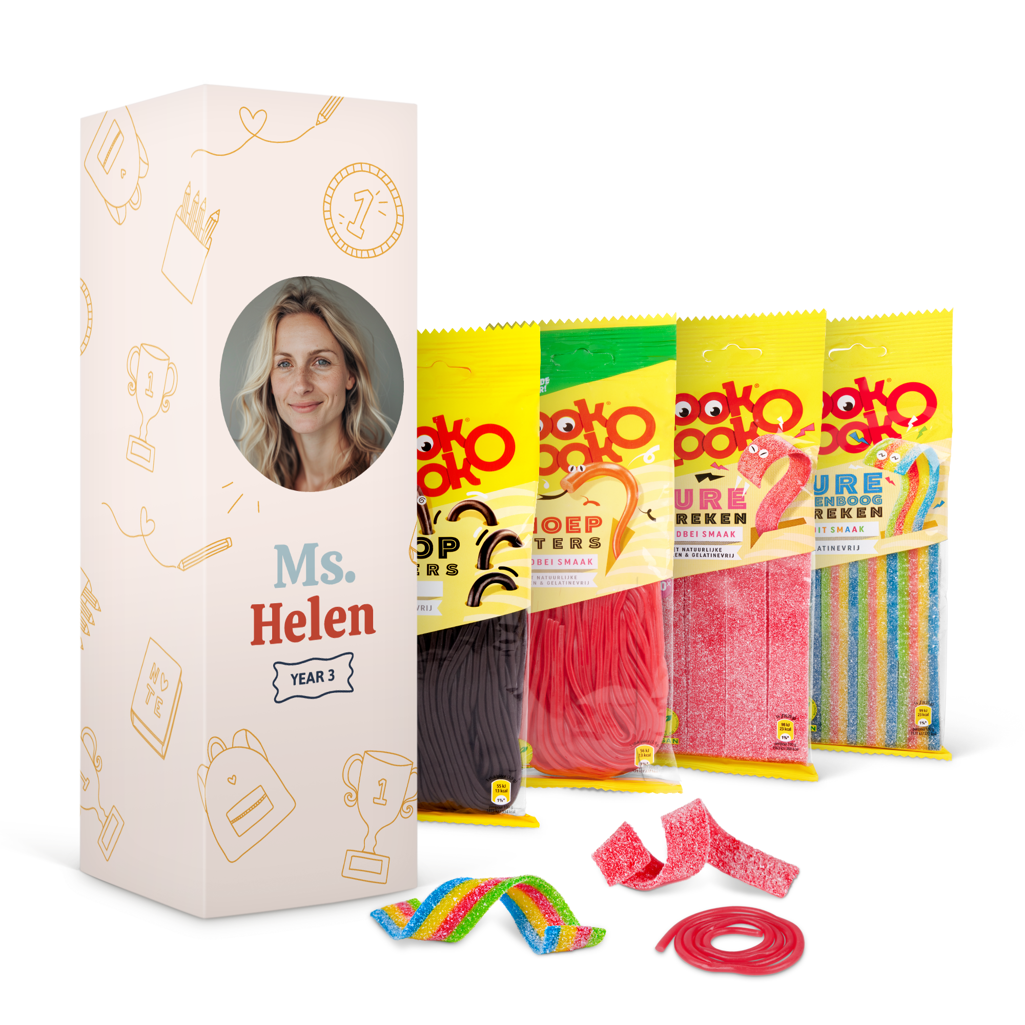 Cutie cadou personalizata cu dulciuri Look-o-Look, imprimată cu fotografia doamnei Helen și textul Anul 3.