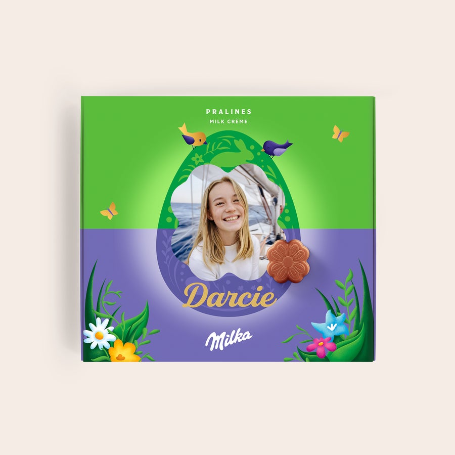 Personalised Milka Chocolate Gift Box - Easter Personalised Milka chocolate gift box printed with a photo of a girl and the name Darcie