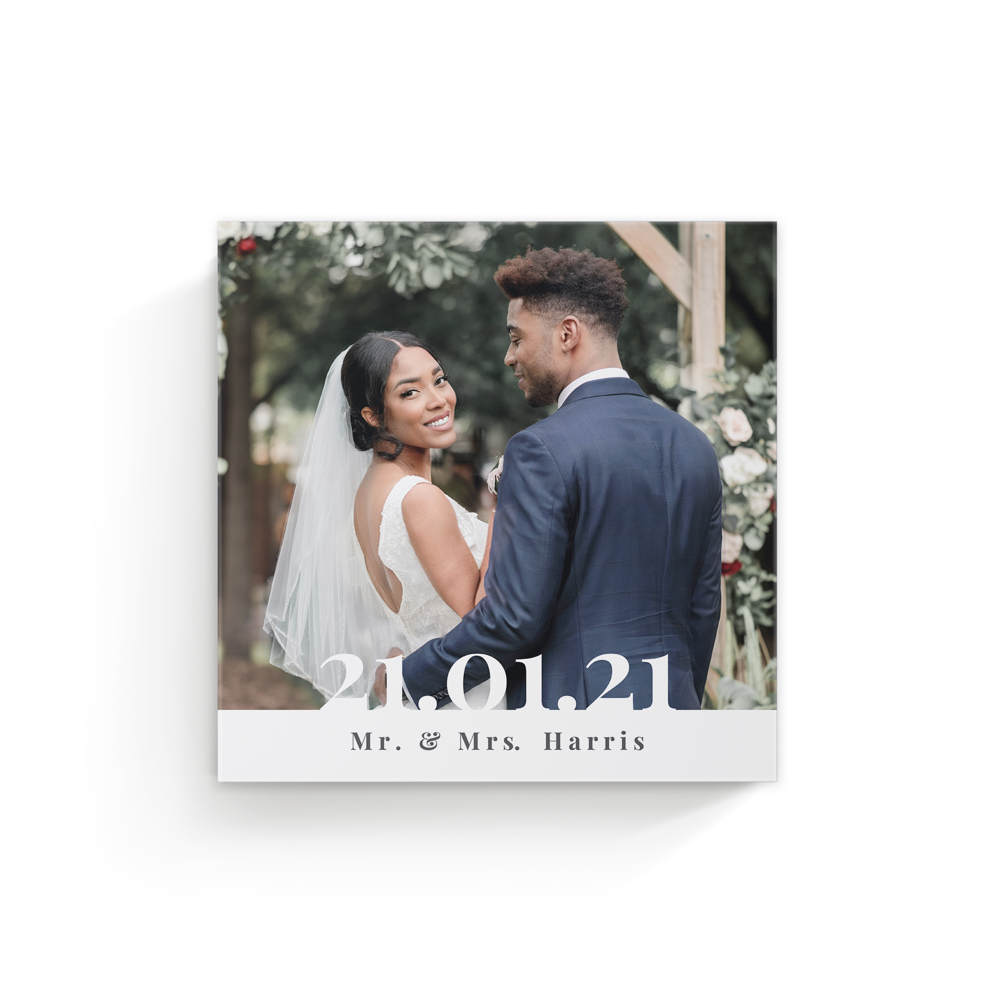 Foto personalizada em tela real linnen com casal e a data 21.01.21, Mr. & Mrs. Harris impressa.