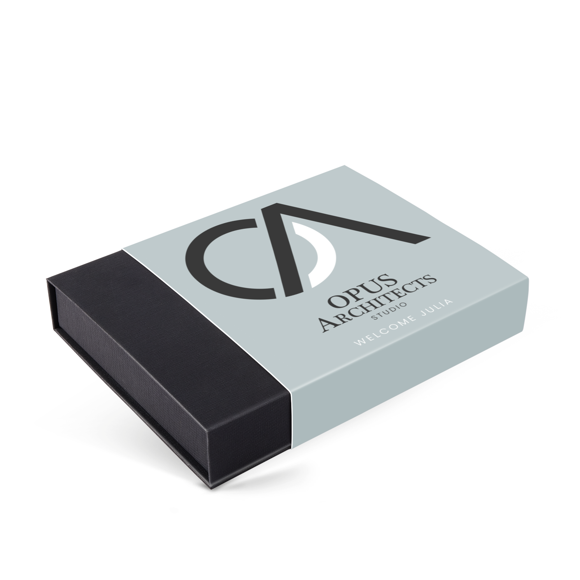 Personalized Christmas chocolates in a black box with a light blue sleeve printed with a business logo and Welcome Julia text