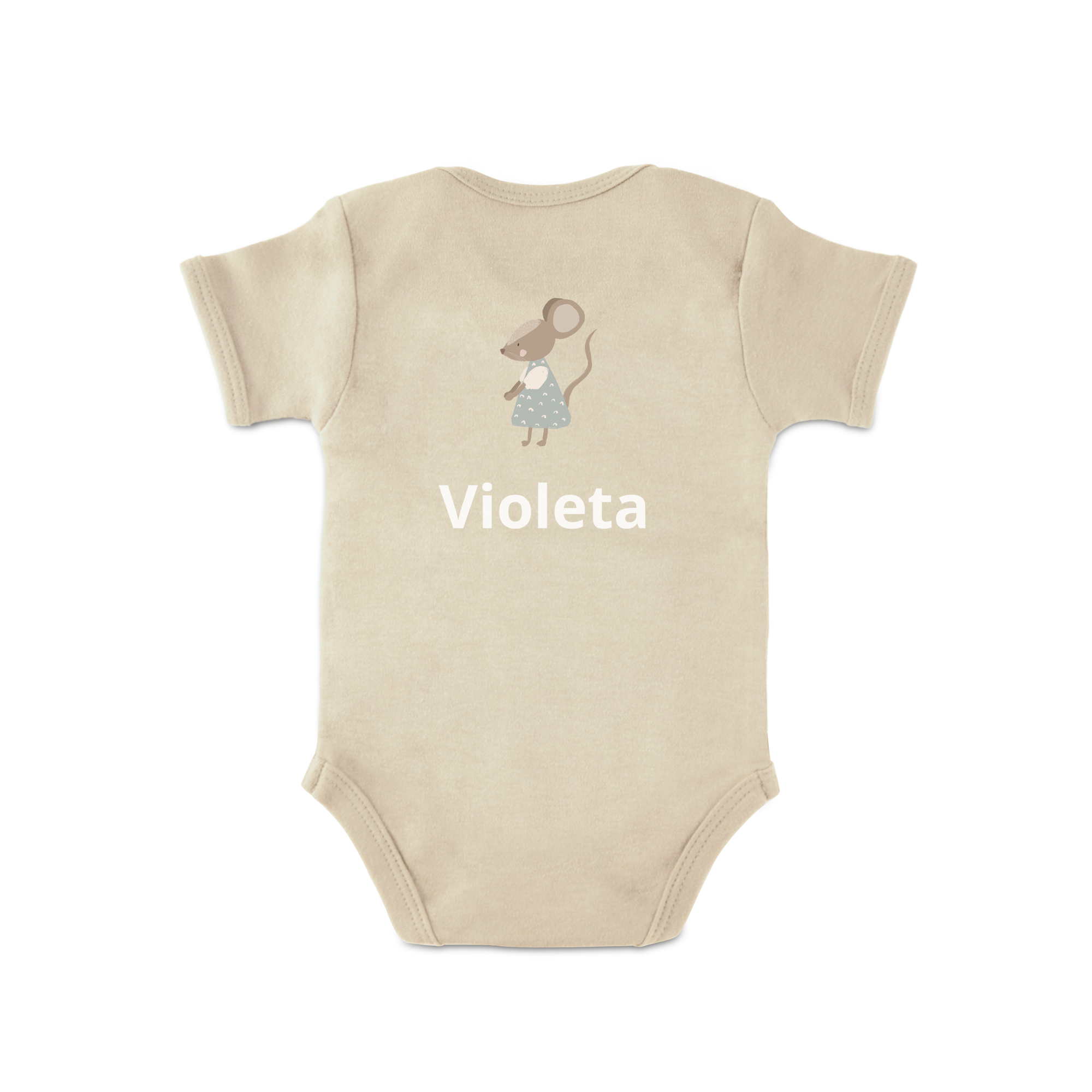Body personnalisé pour bébé crème avec une souris et le prénom Violeta imprimés.