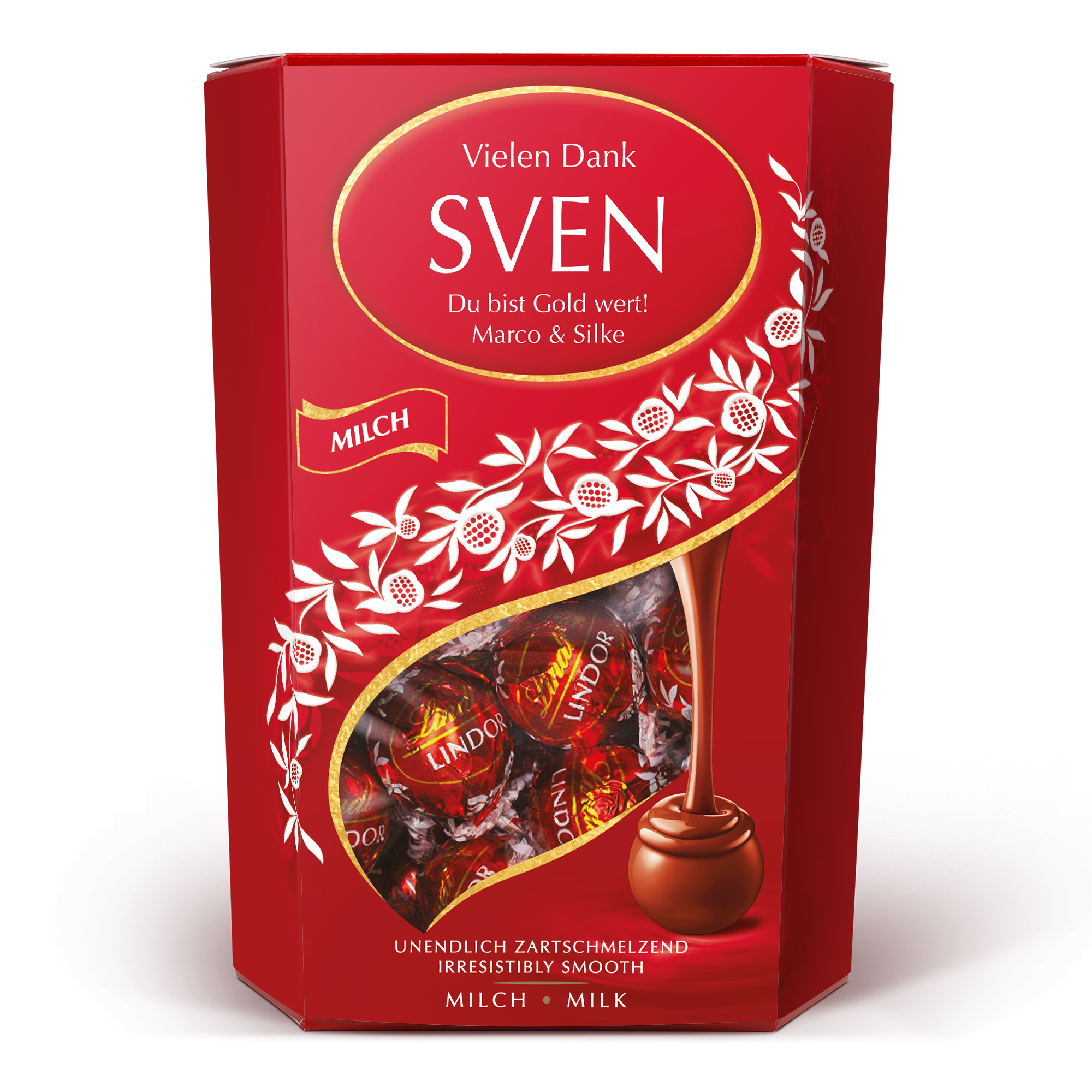 Lindt Geschenkbox personalisiert mit Namen, roter Karton, goldener ovaler Rahmen, Aufdruck "SVEN Du bist Gold wert! Marco & Silke"