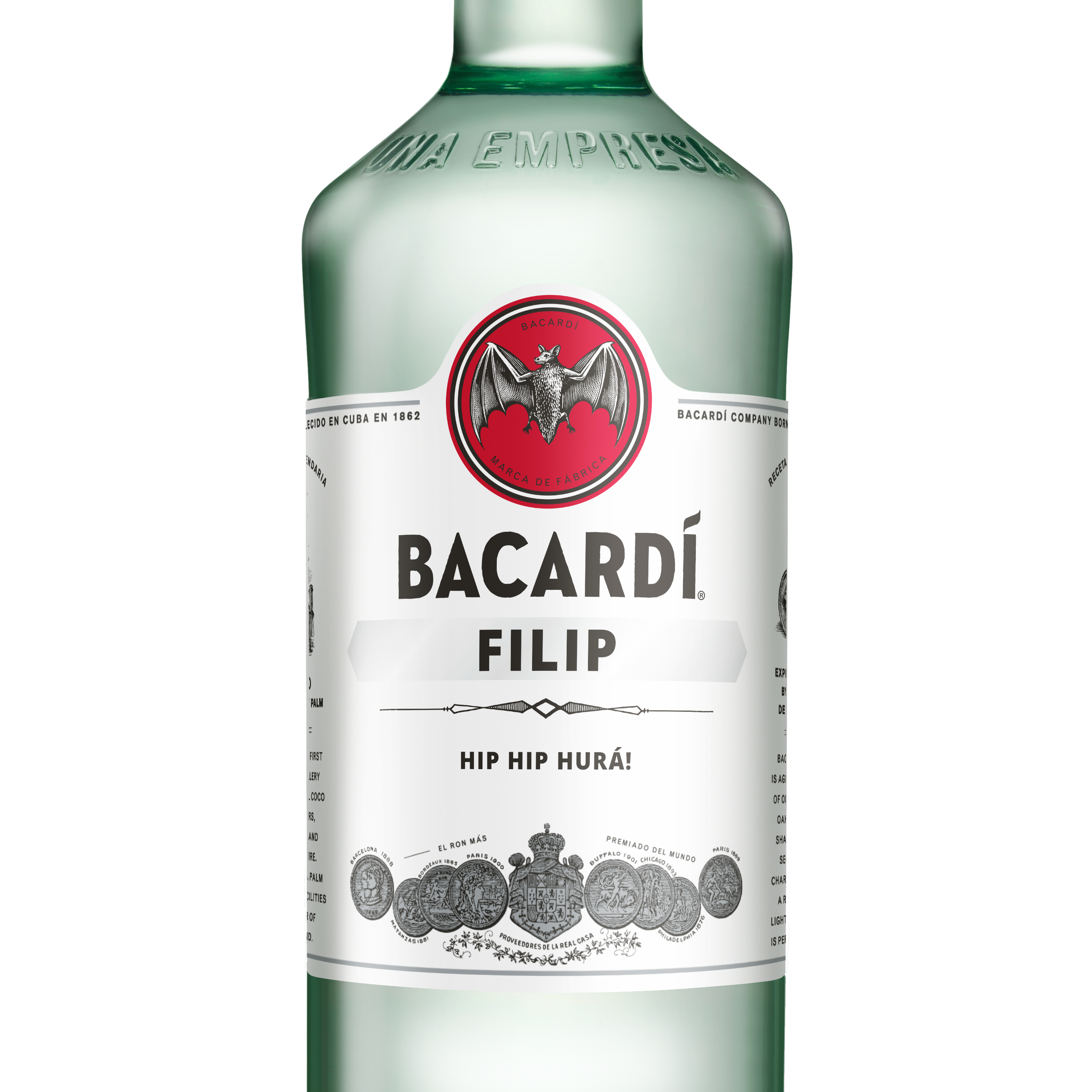 Fľaša Bacardi Carta Blanca s personalizovanou etiketou Filip a textom Hip Hip Hurá!