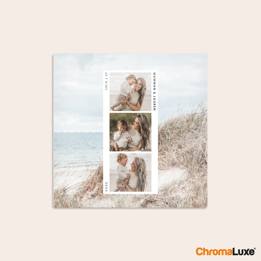 Impression photo sur aluminium Tableau photo personnalisé ChromaLuxe avec 3 photos dune mère et son enfant, texte "Maman & Lauren 2024"