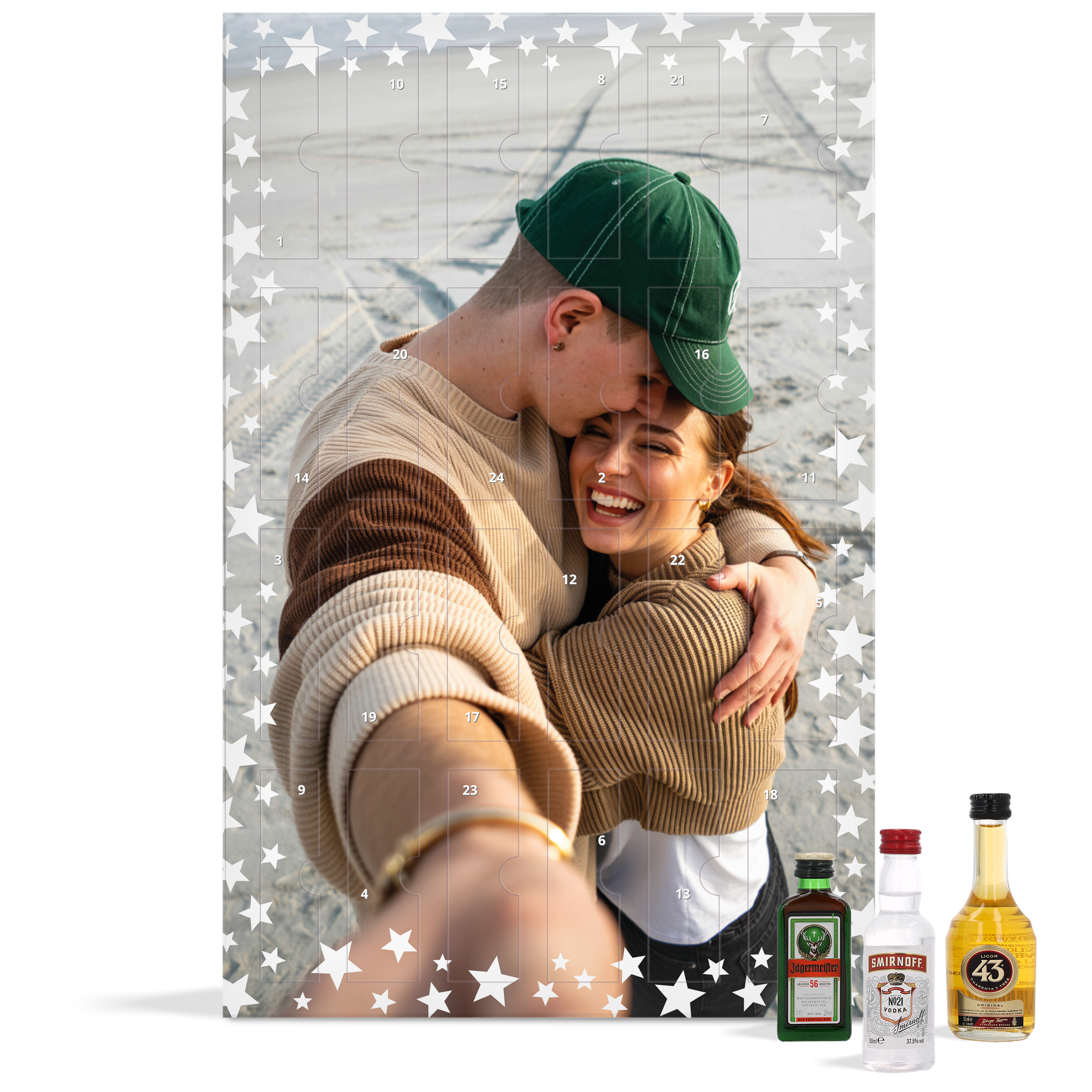 Personalisierter Alkohol Adventskalender mit eigenem Foto bedruckt und Mini-Flaschen.