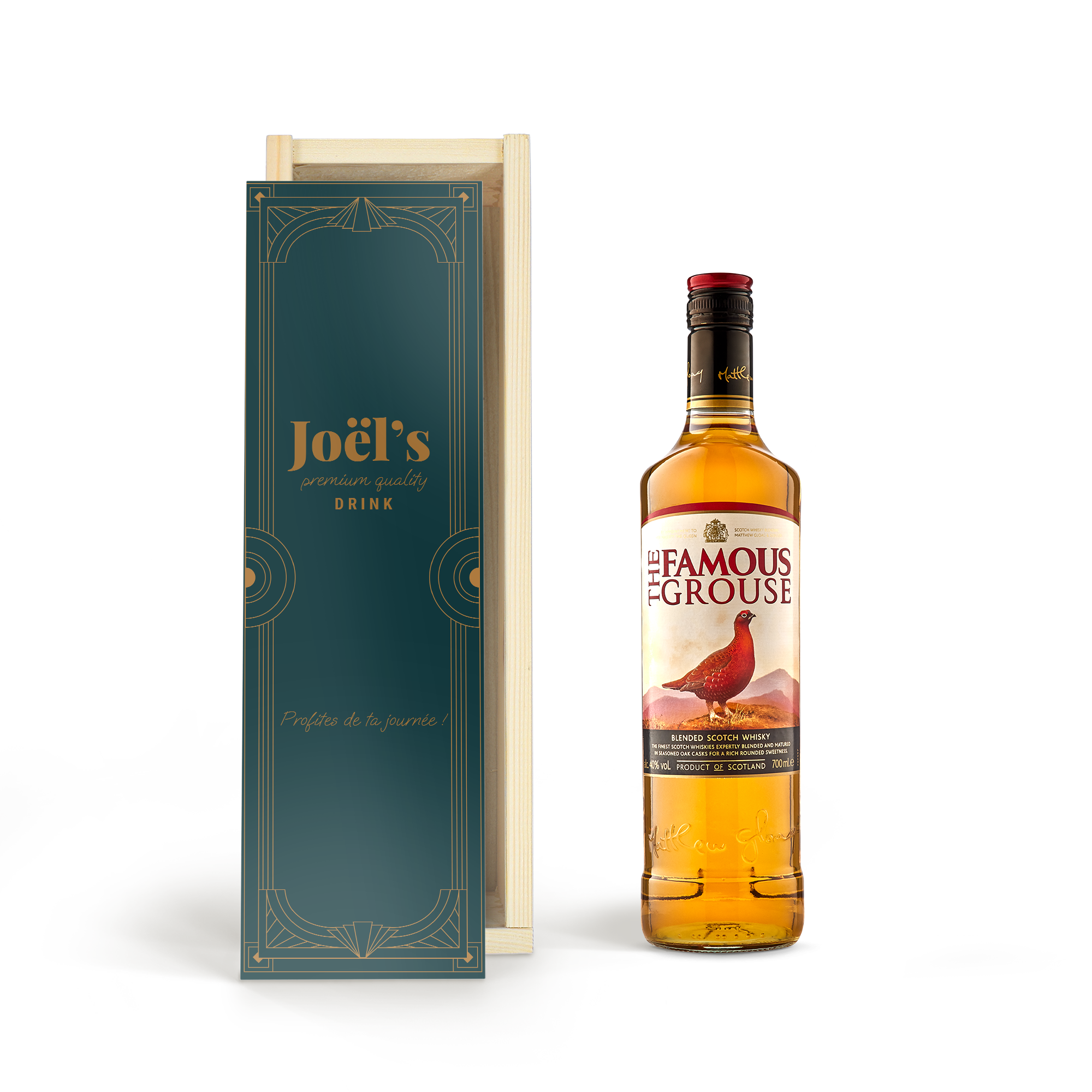 Bouteille de whisky The Famous Grouse dans un coffret personnalisé avec le nom Joël et le texte Profites de ta journée