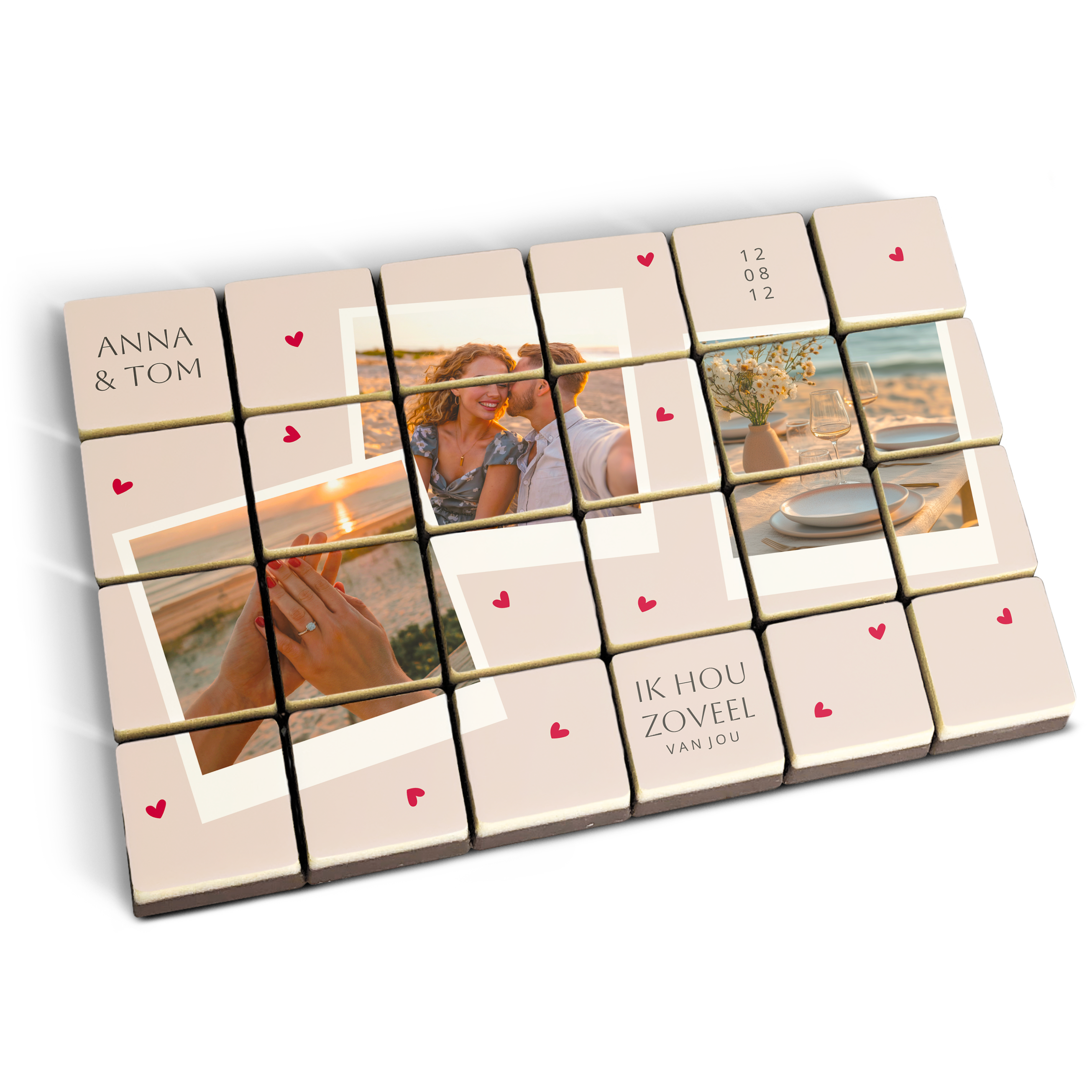 Foto gedrukte chocolade blokjes in een raster met beelden van een stel, een datum en tekst.