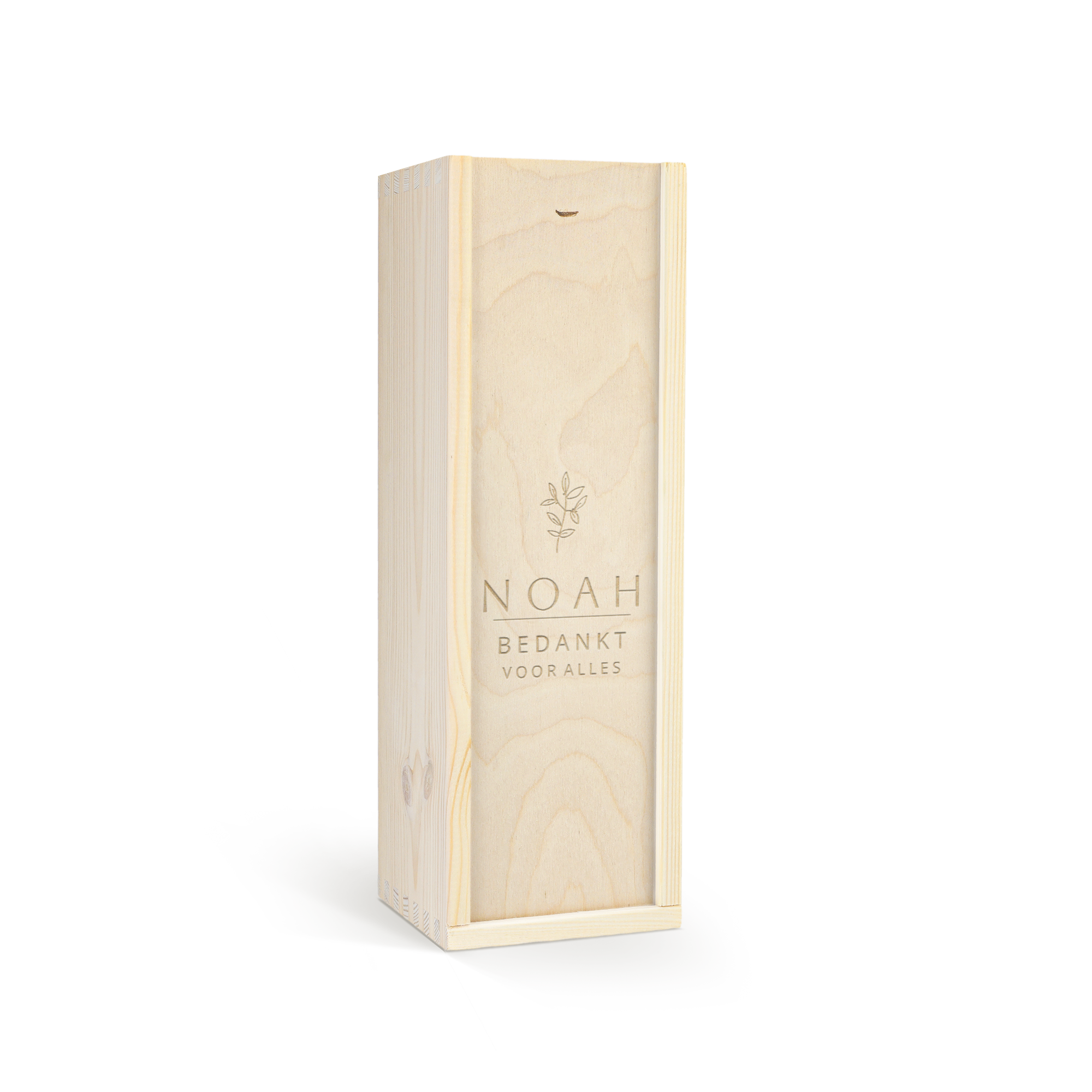 Houten gegraveerde kist met likeur en de tekst 'NOAH BEDANKT VOOR ALLES' met blaadjes design.