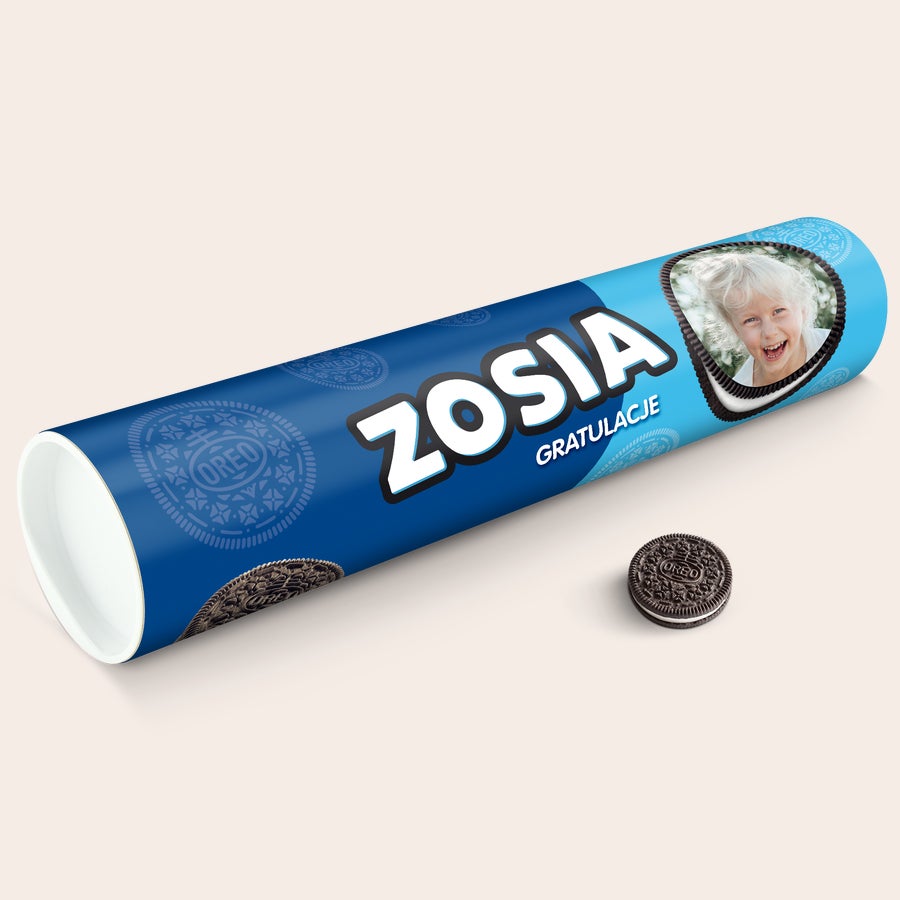 Spersonalizowana tuba upominkowa Oreo XXL Personalizowana tuba prezentowa Mega Oreo z imieniem Zosia i zdjęciem uśmiechniętego dziecka