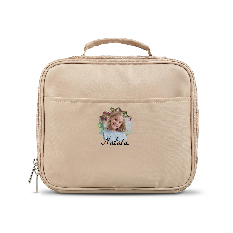 Personalisierte Kühltasche - Beige mit aufgedrucktem Foto eines lächelnden Mädchens und dem Namen Natalie