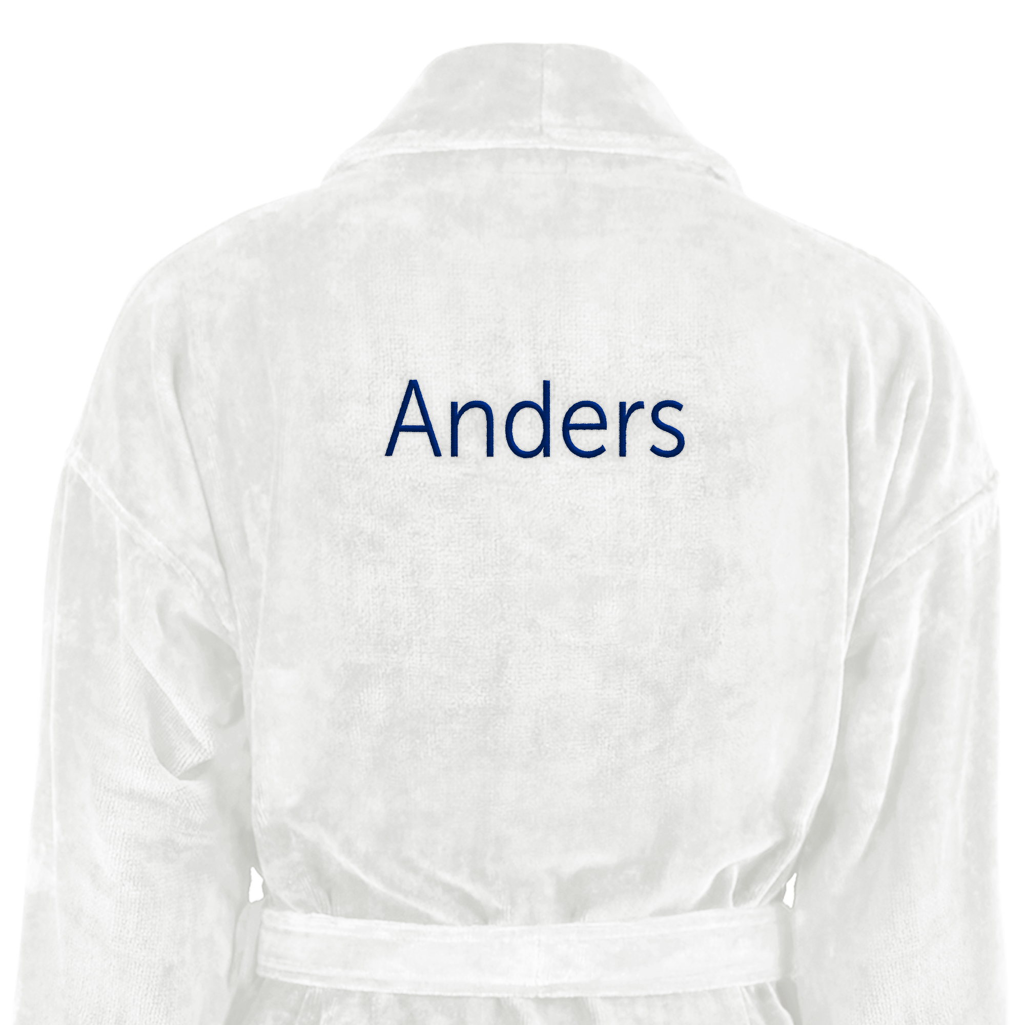 Hvid luksus badekåbe til mænd med Anders broderet på ryggen, perfekt personlig gave