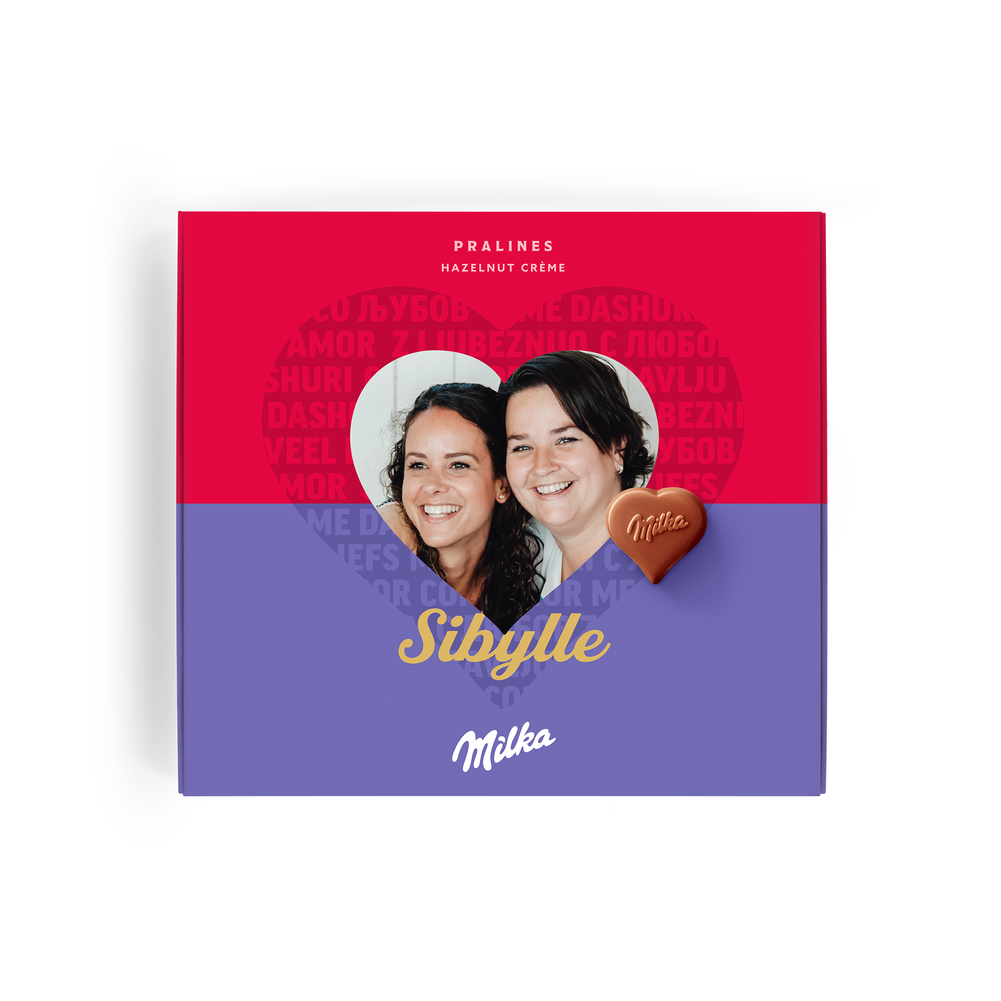 Coffret Milka personnalisé imprimé avec photo, prénom Sibylle et message d'amour