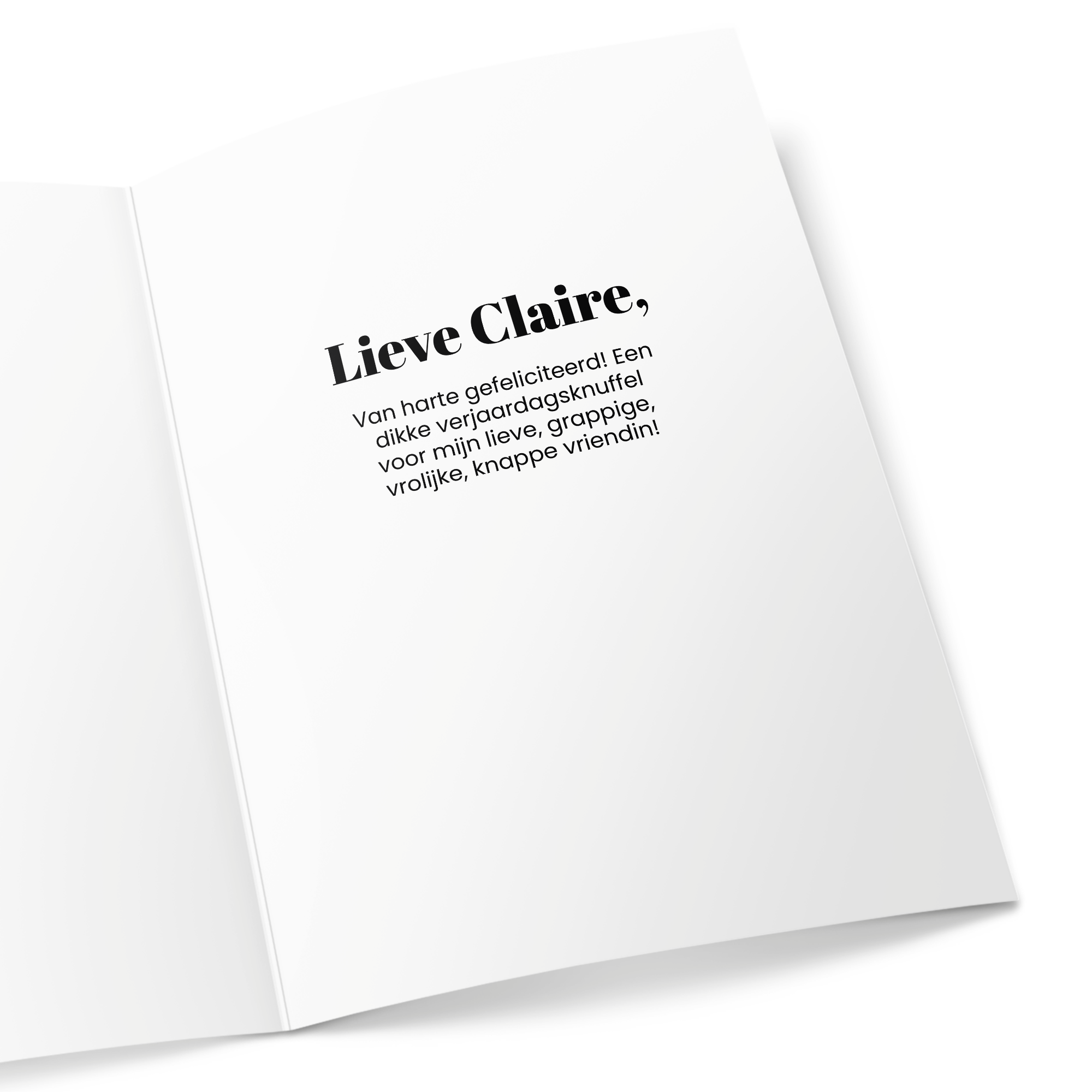 Gepersonaliseerde wenskaart met de tekst "Lieve Claire, Van harte gefeliciteerd!" perfect als Test geschenk.