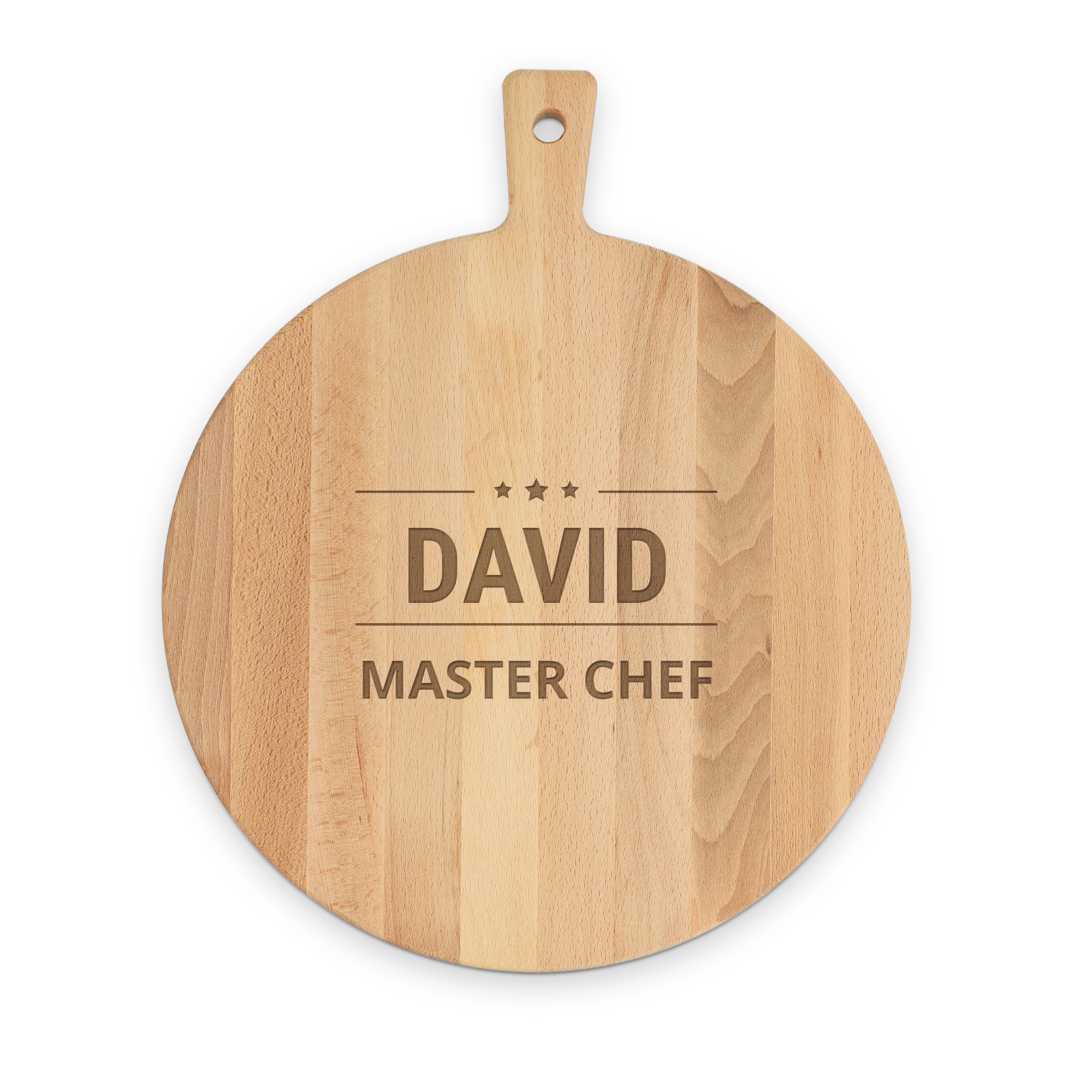Dřevěné servírovací prkénko na pizzu s gravírováním jména DAVID a textu MASTER CHEF