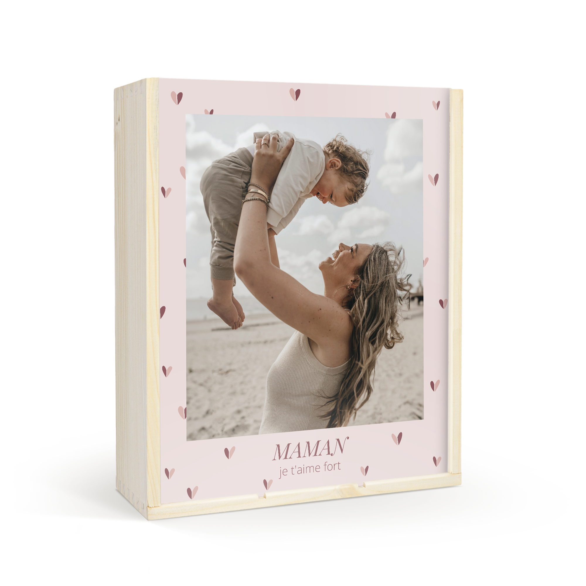 Coffret de luxe en bois avec photo imprimée de mère et enfant, texte Maman je t'aime fort