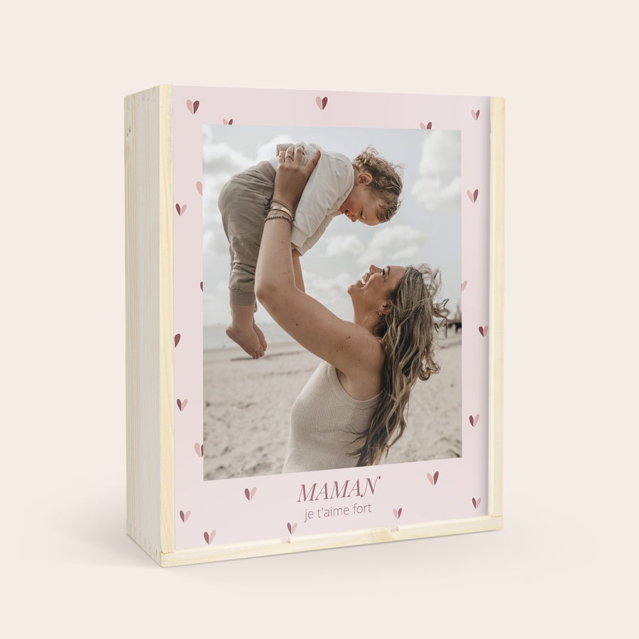 Caisse à vin Coffret de luxe en bois avec photo imprimée de mère et enfant, texte Maman je t'aime fort