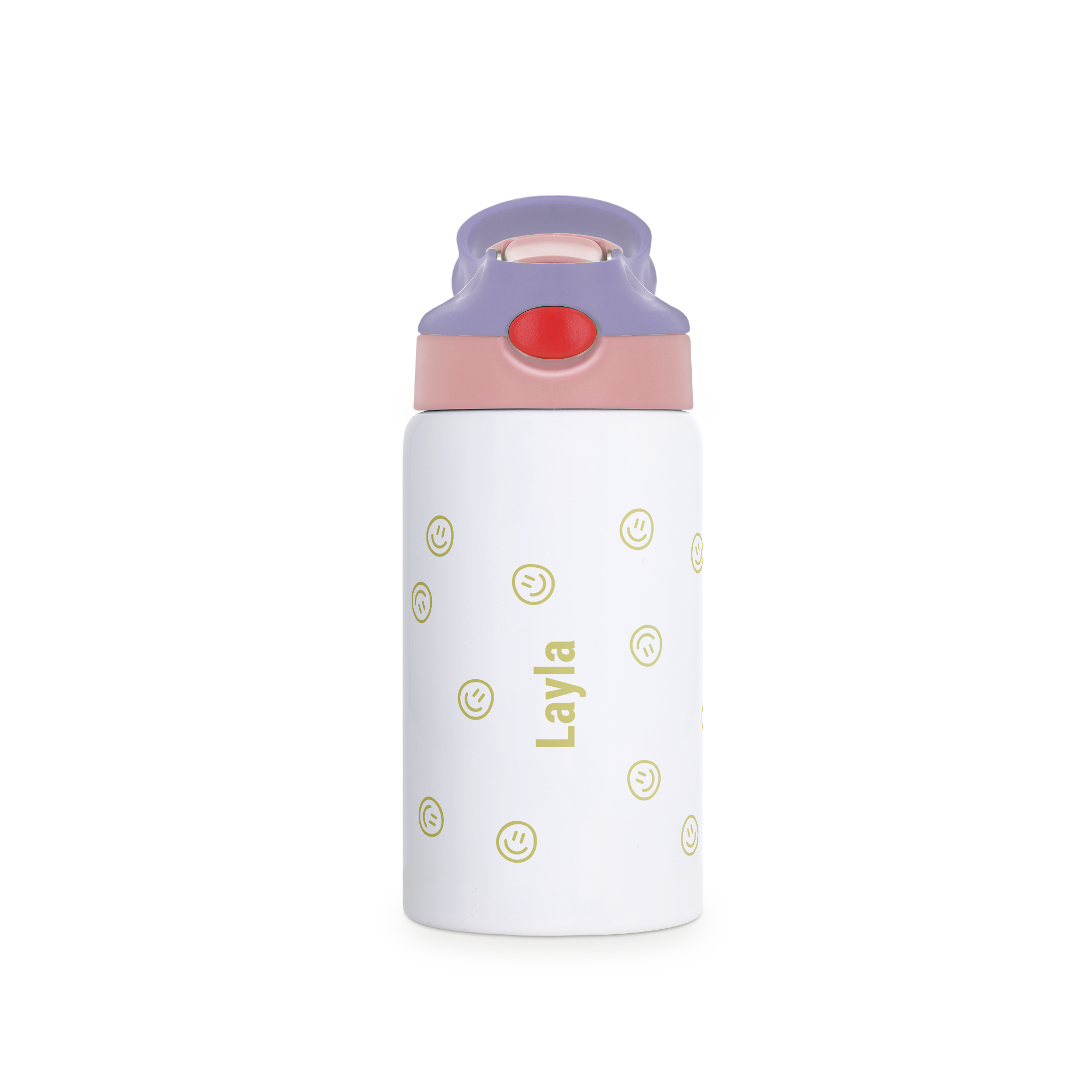 Personalisierte weiße Trinkflasche mit rosa/lila Deckel und goldenen Smileys, mit dem Namen Layla bedruckt, macht die Flüssigkeitszufuhr mit einer Flasche nur für sie zum Spaß.