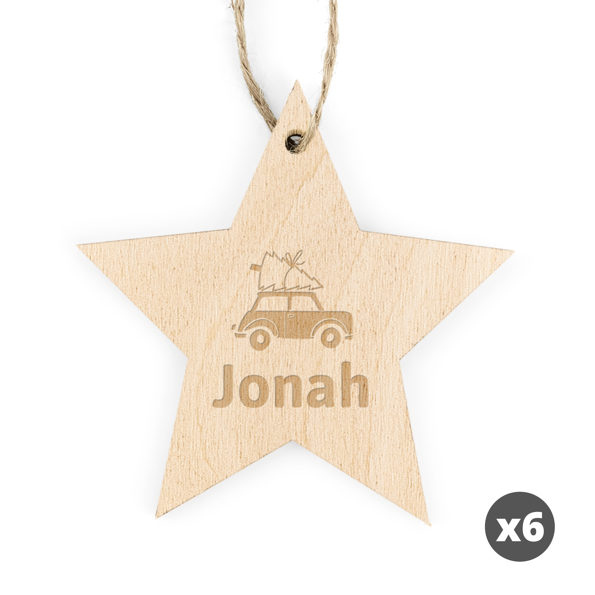 Houten stervormige kersthanger met gegraveerde naam 'Jonah' en auto met kerstboom design, set van 6