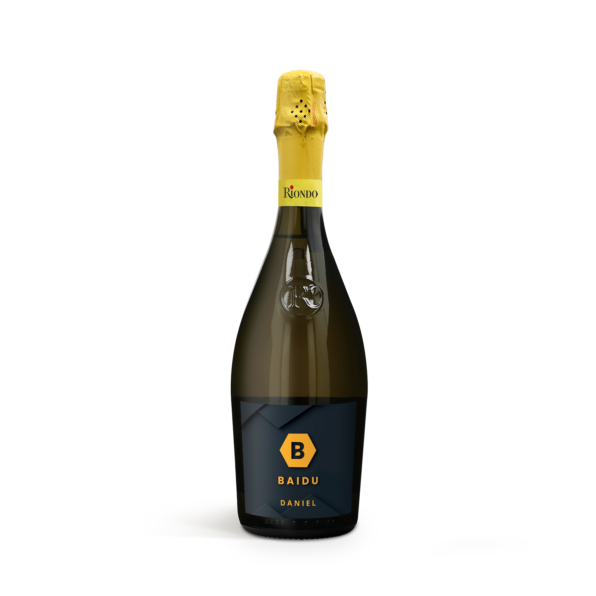 Lahev Riondo Prosecco Spumante s vlastní etiketou a textem "BAIDU DANIEL" v oranžové barvě