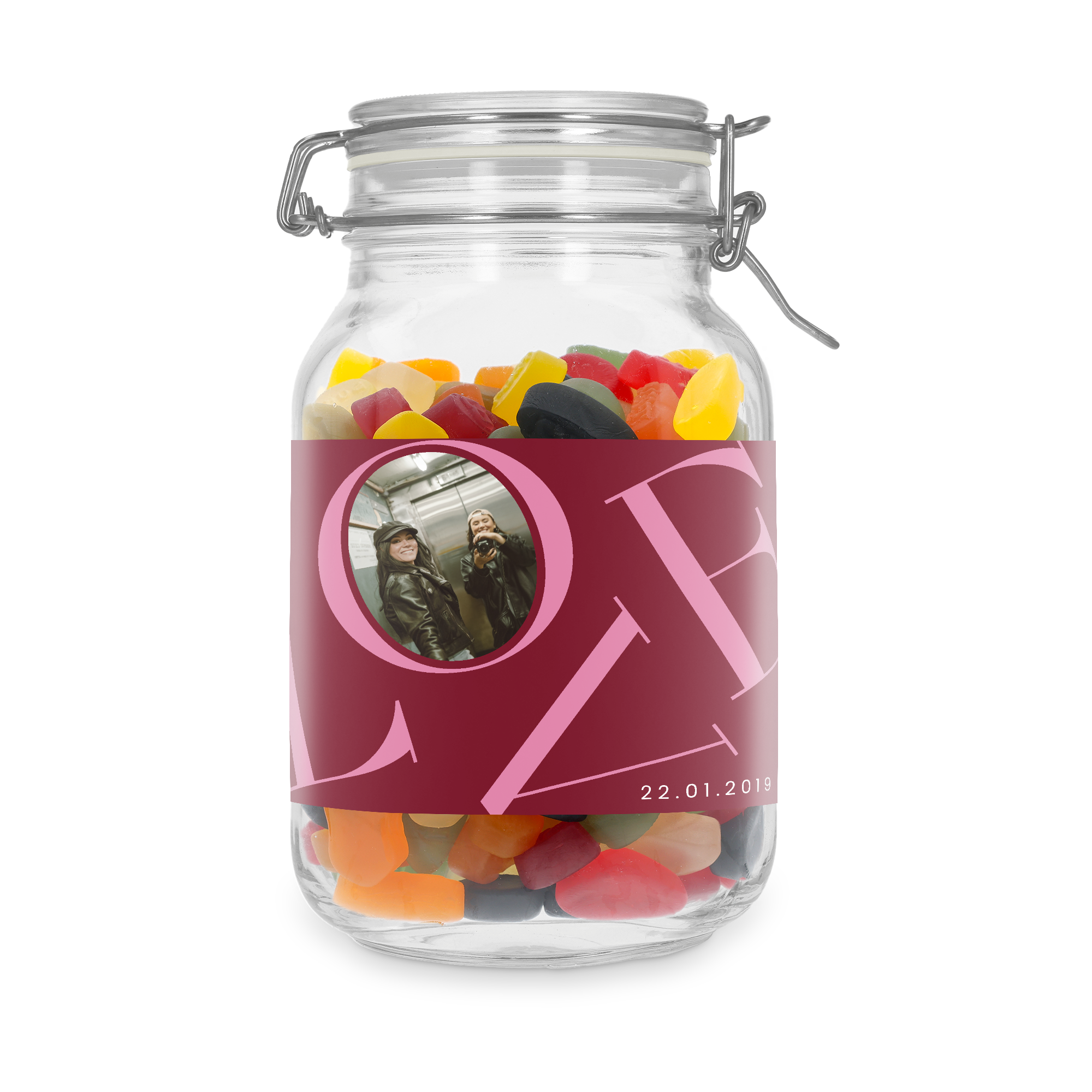 Bocal à bonbons personnalisé avec winegums, imprimé d'une photo d'un couple et de la date 22.01.2019