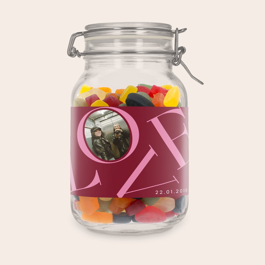 Frasco de doces personalizado Pote de doces personalizado com gomas de vinho, foto e data 22.01.2019 impressas