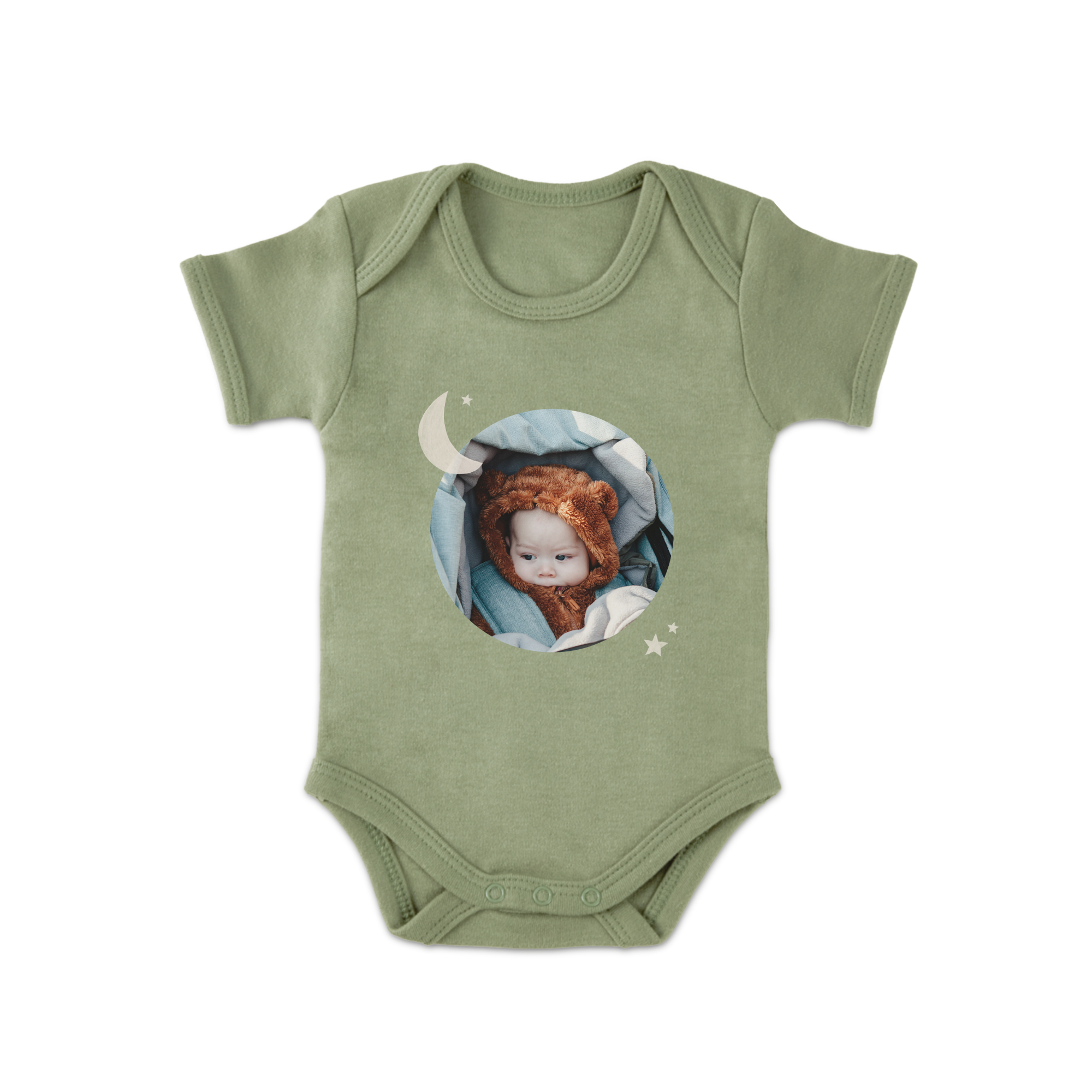 Design din egen personlig tilpassede babyromper i grønn med trykt bilde av baby, måne og stjerner.