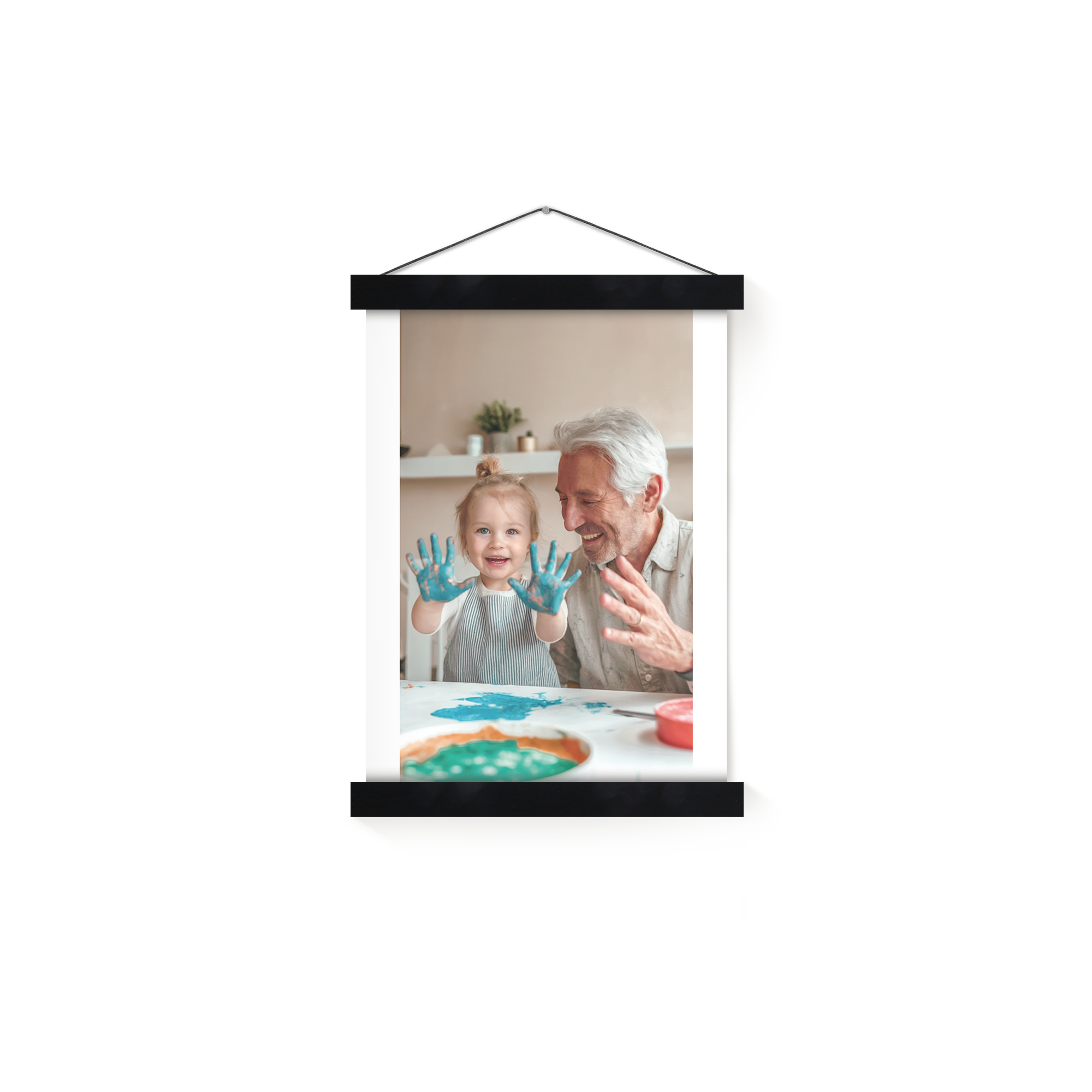 Personalized photo poster on a magnetic hanger featuring a child and adult with painted hands