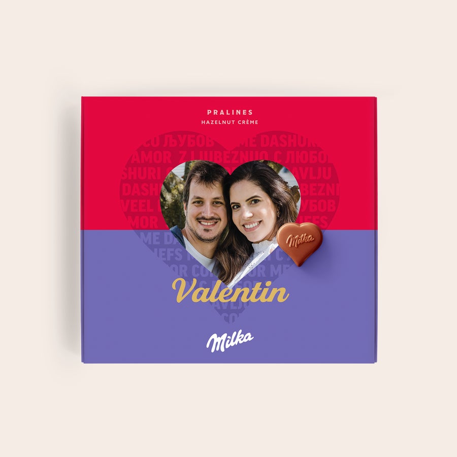 Milka personnalisé - Amour Coffret Milka personnalisé imprimé avec photo d'un couple souriant et le mot Valentin.