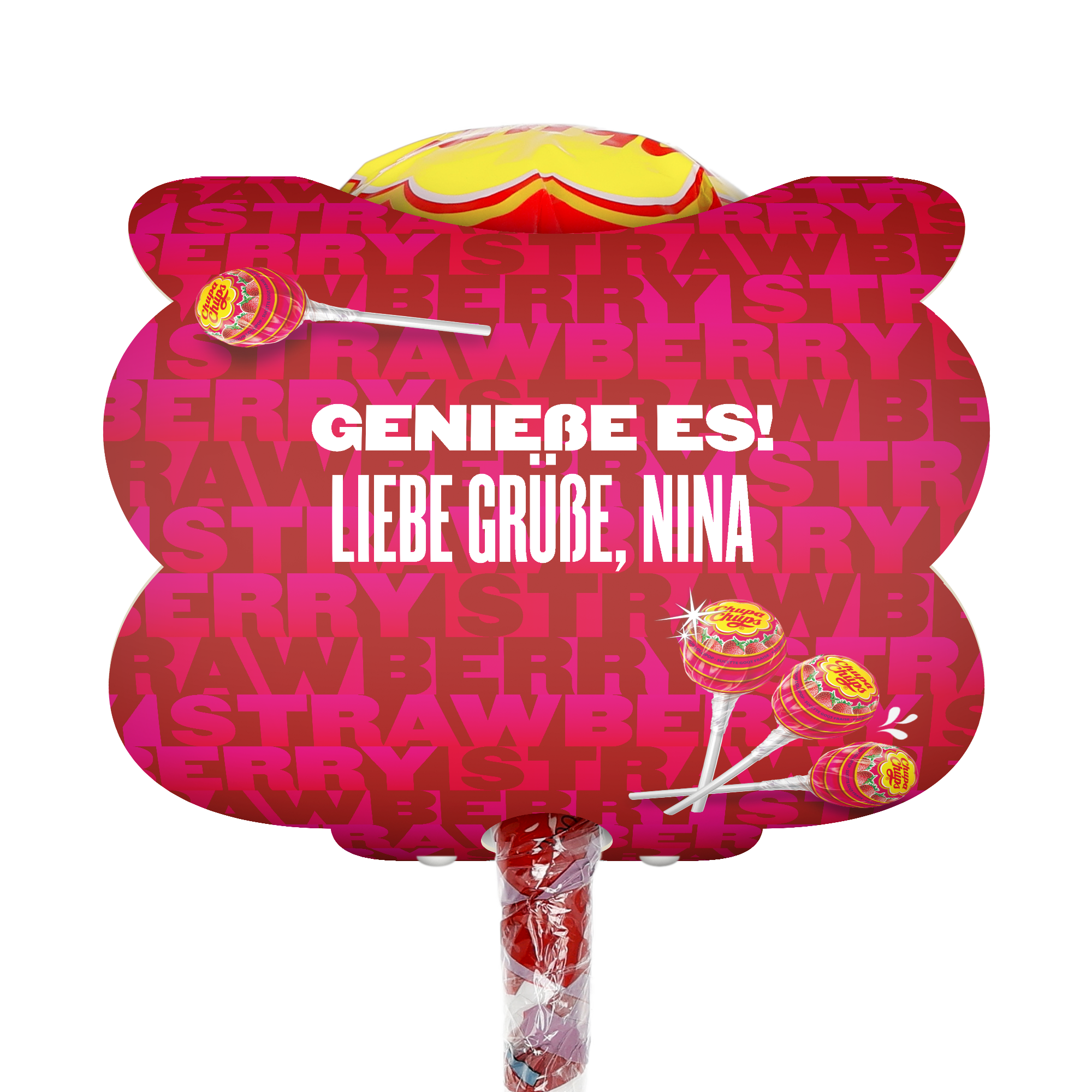 Mega Chupa Chups personalisiert Erdbeere 20 Lollis mit eigenem Namen und Botschaft wie Genieße es Liebe Grüße Nina bedruckt